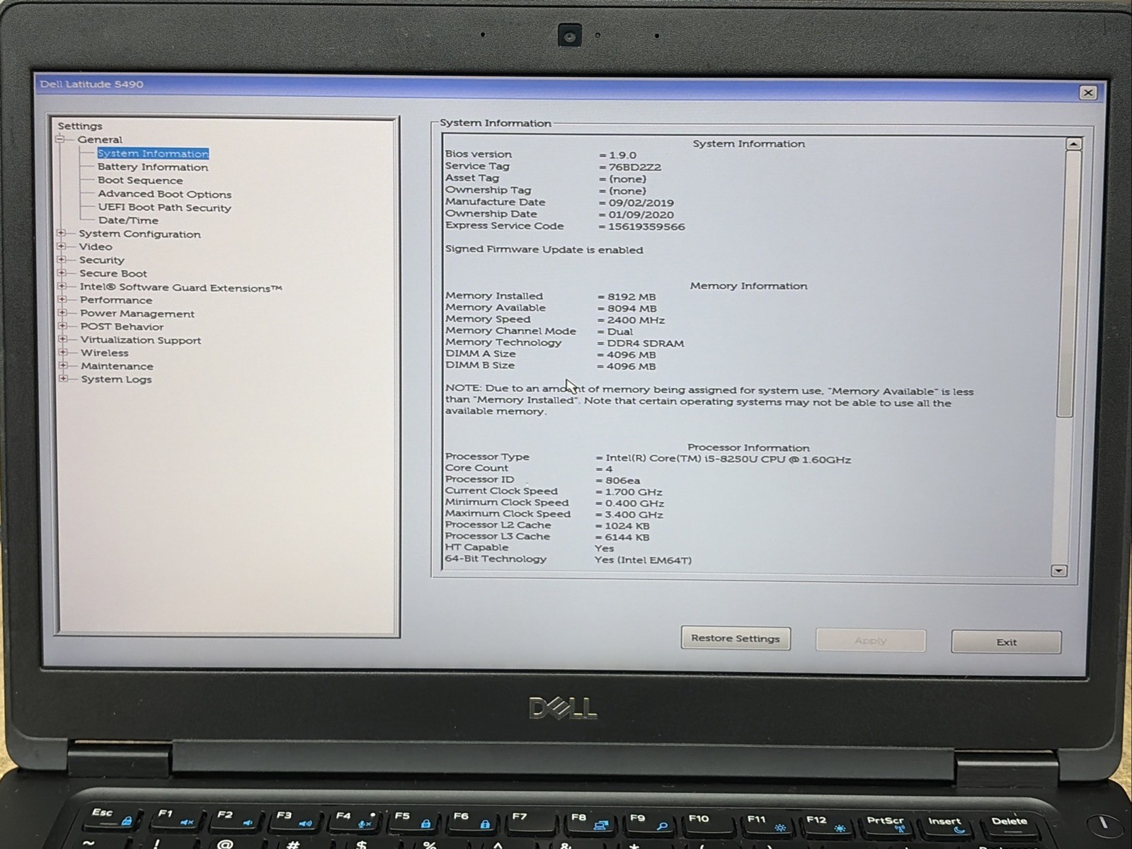 Dell Latitude 5490 14″ FHD i5-8250u 8GB RAM No OS/SSD