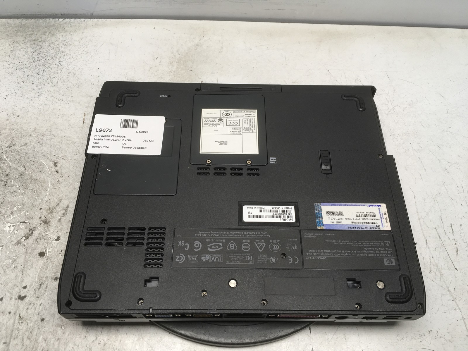 HP Pavilion ZE4540US Mobile Intel Celeron 2.4GHz 759 MB NO HDD No Batt