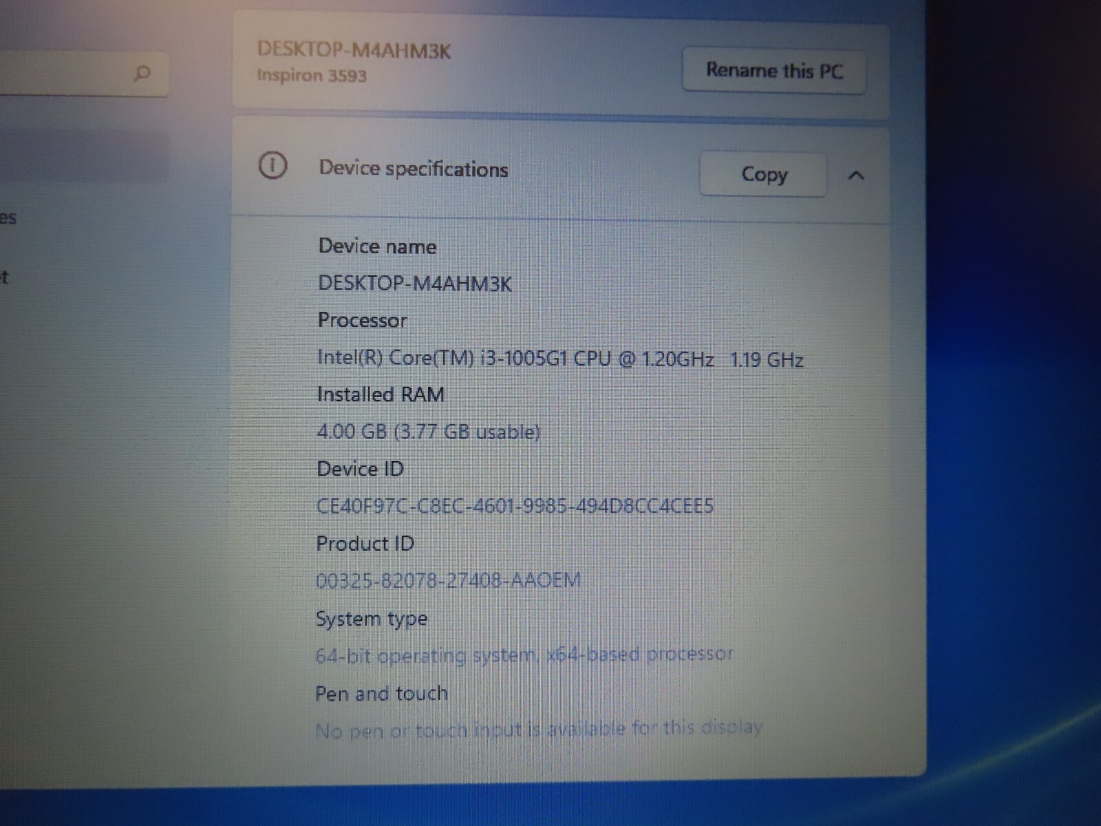 Dell Inspiron 3593 15.6″ Intel Core i3-1005G1 @ 1.20GHz – 4GB RAM