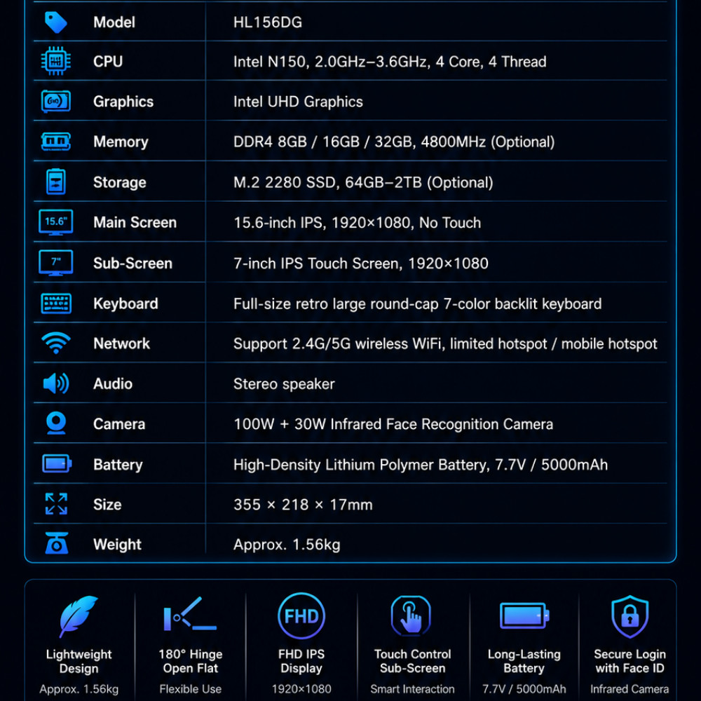 15.6″+7″Dual‑Screen Laptop Intel N150 16GB DDR4 Backlit Keyboard Face ID 5000mAh