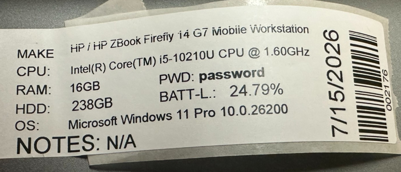 HP ZBOOK FIREFLY 14 G7 LAPTOP CORE i5-10210U @ 1.60 GHZ 16GB RAM 238GB SSD (737)
