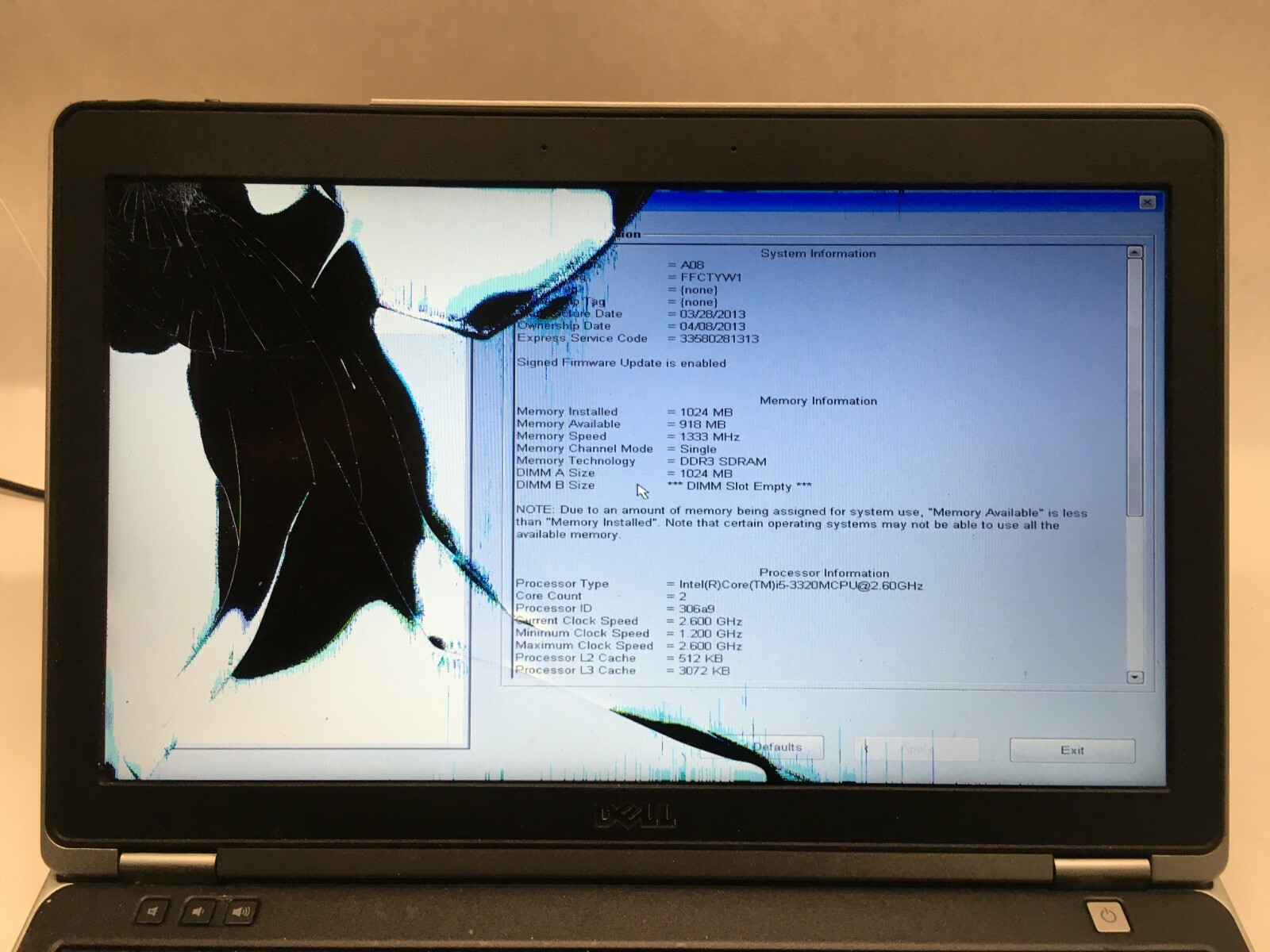 Dell Latitude E6320 13.3″ Core i5 Laptop For Parts Broken LCD NO HDD/Battery JR