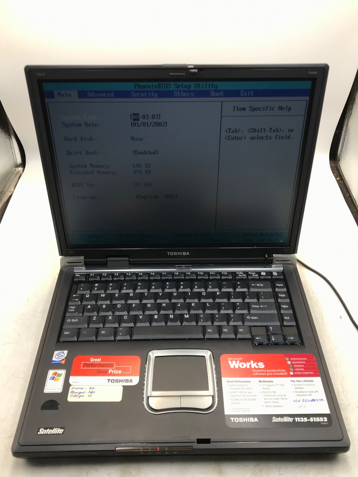 Toshiba Satellite 1135-S1552 Pentium 4 2.0GHz 15″ 512MB RAM -BOOTS BIOS-MZ