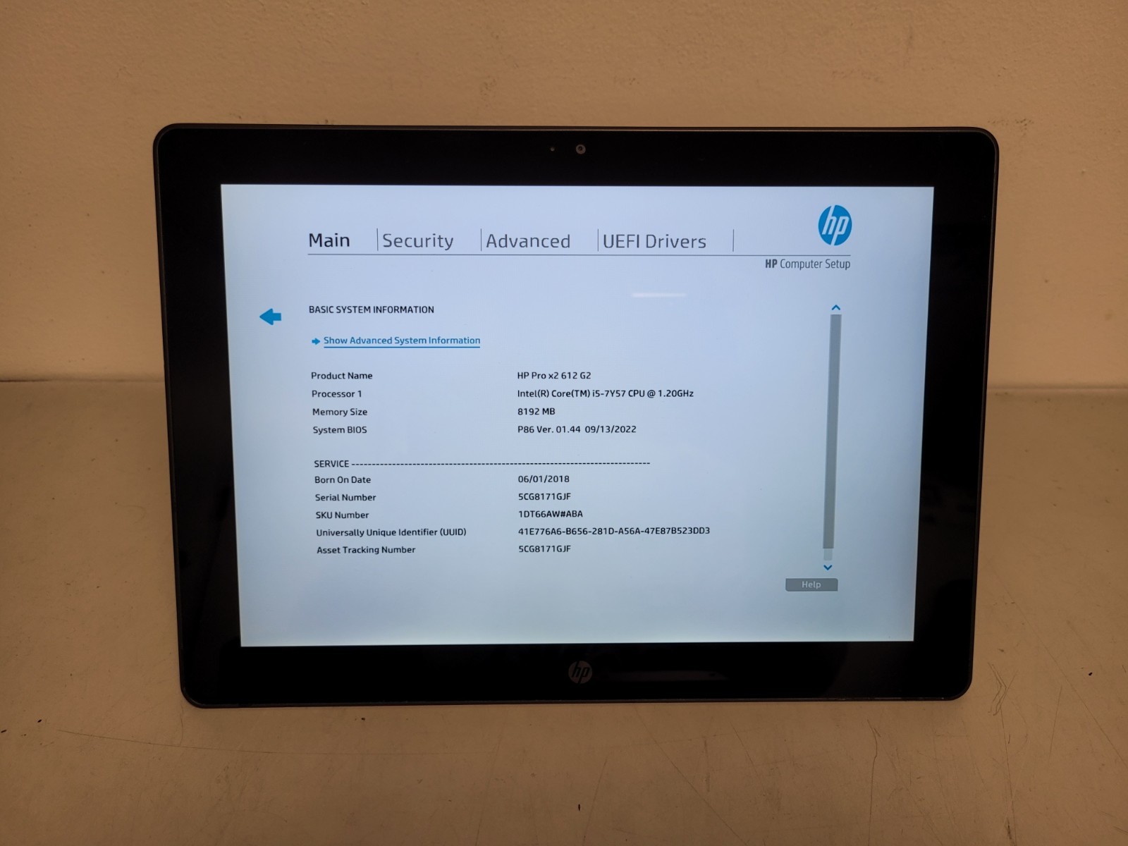 Hp pro x2 612 G2 12″touch i5-7y57 1.2gh 8gb ram no ssd nocharger READ 5CG8171GJF