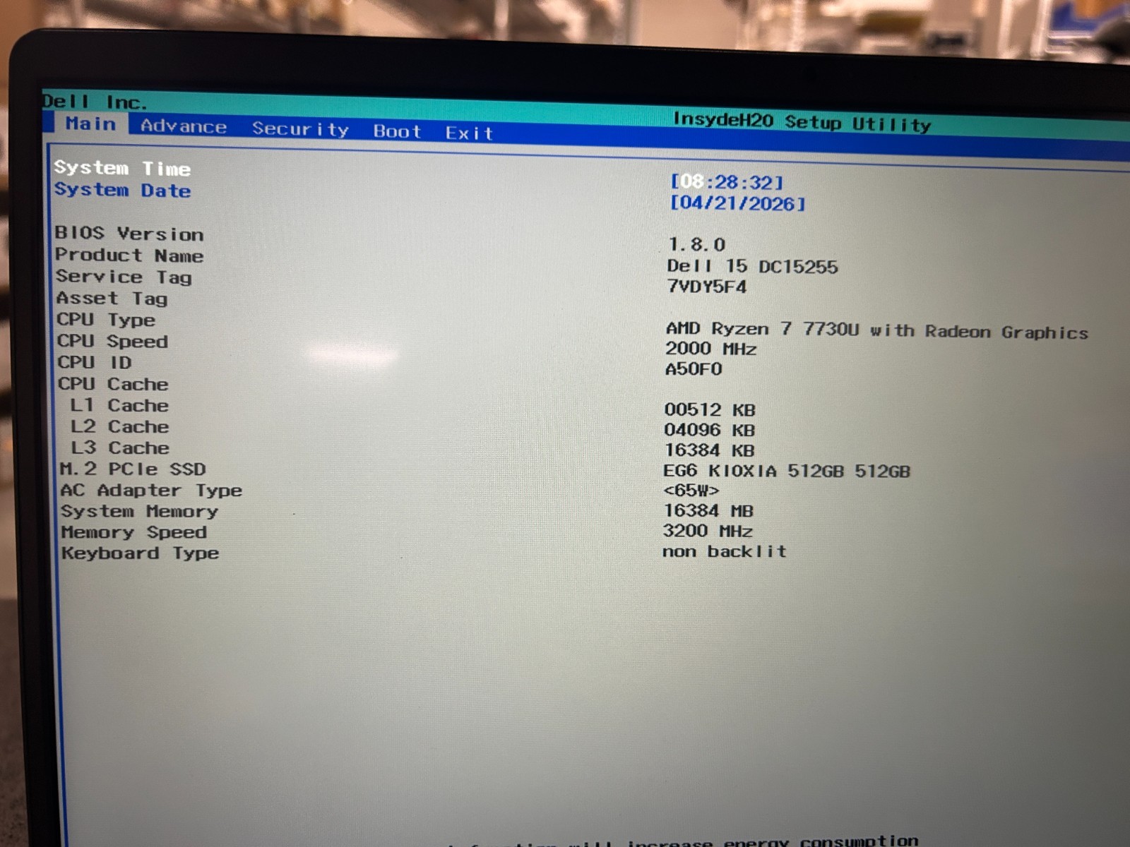 DELL 15 DC15255 G8MK9, AMD Ryzen 7 7730U, 2.00 GHz 16 GB RAM, 512 GB NVMe