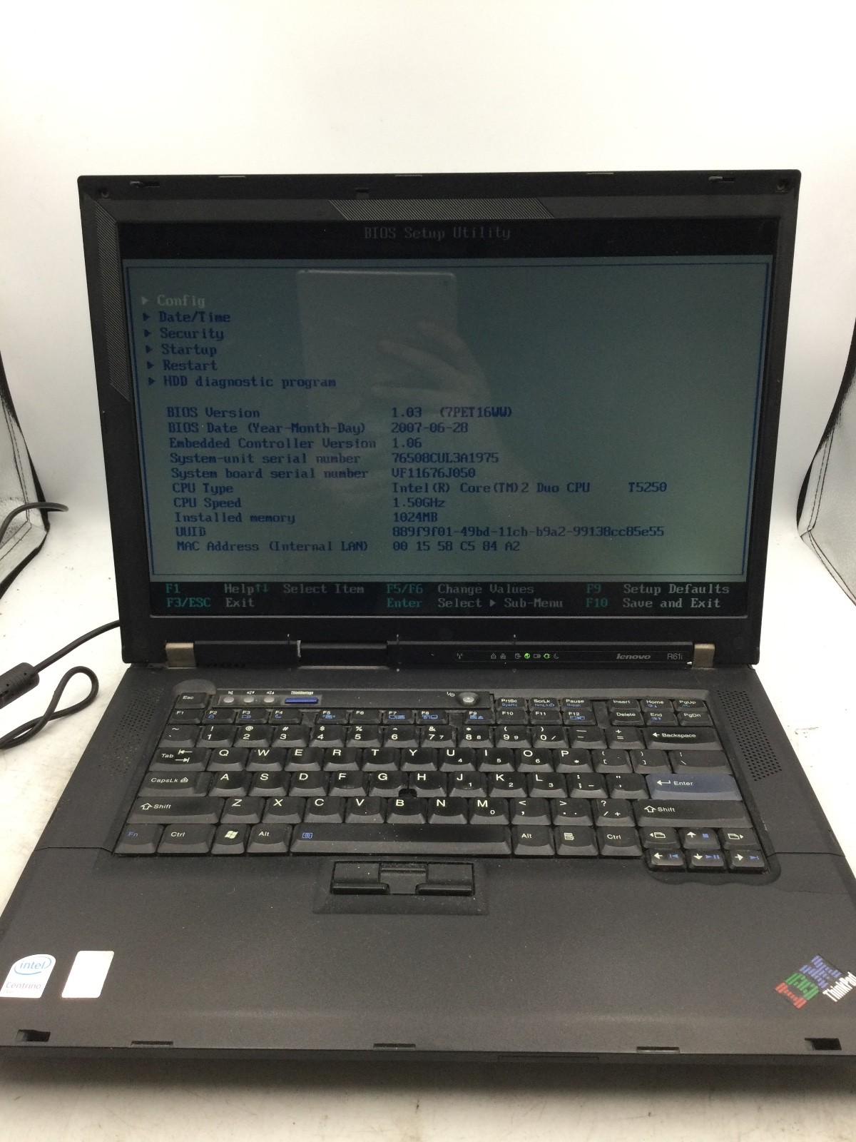IBM THINKPAD R61I – BOOTS TO BIOS – INTEL CORE 2 DUO – 1GB RAM – READ DESC – BB