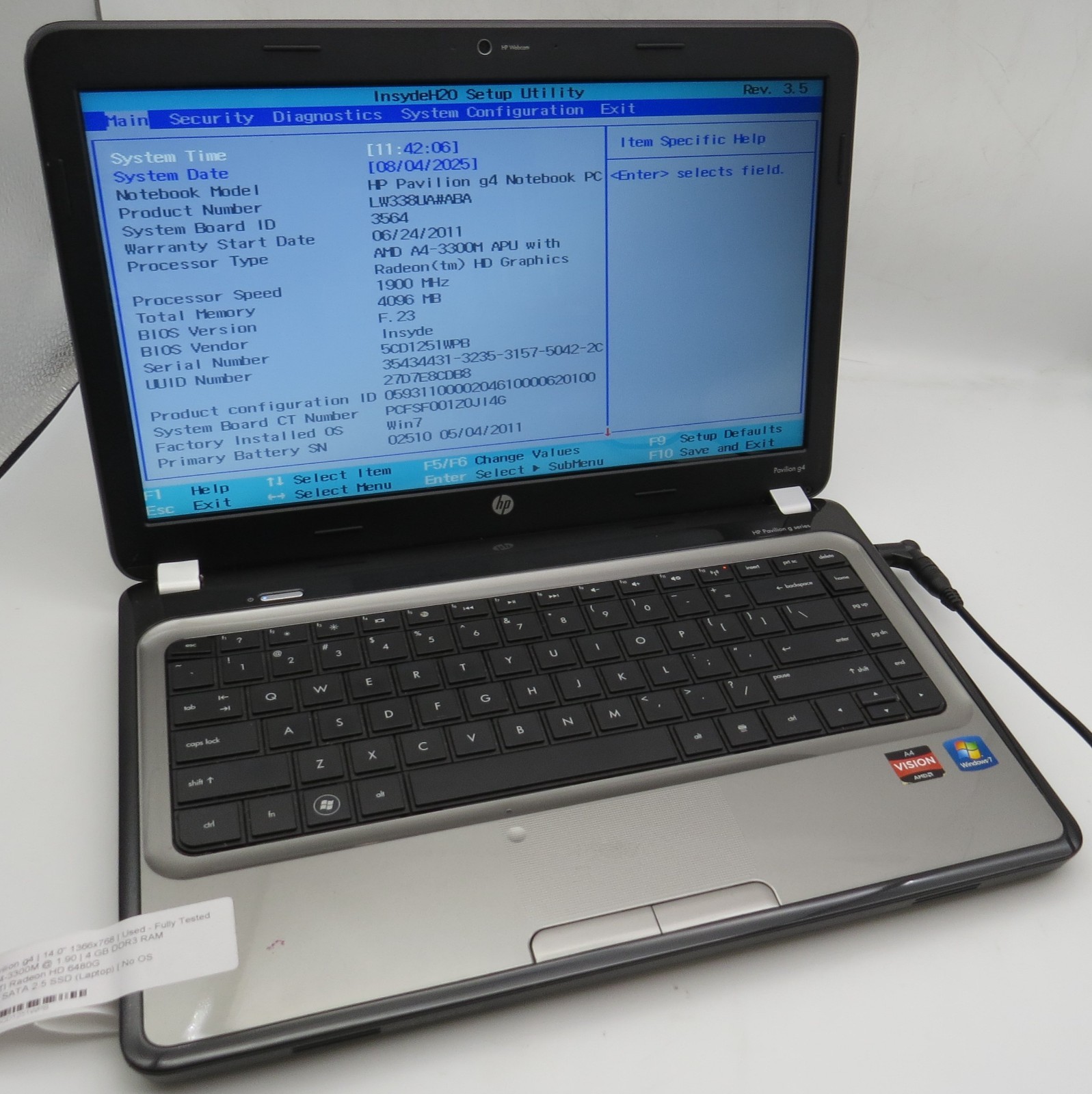 HP Pavilion G4-14″-AMD A4-3300M@1.9GHz-4GB DDR3 RAM-240GB 2.5 SSD-NO OS *READ*