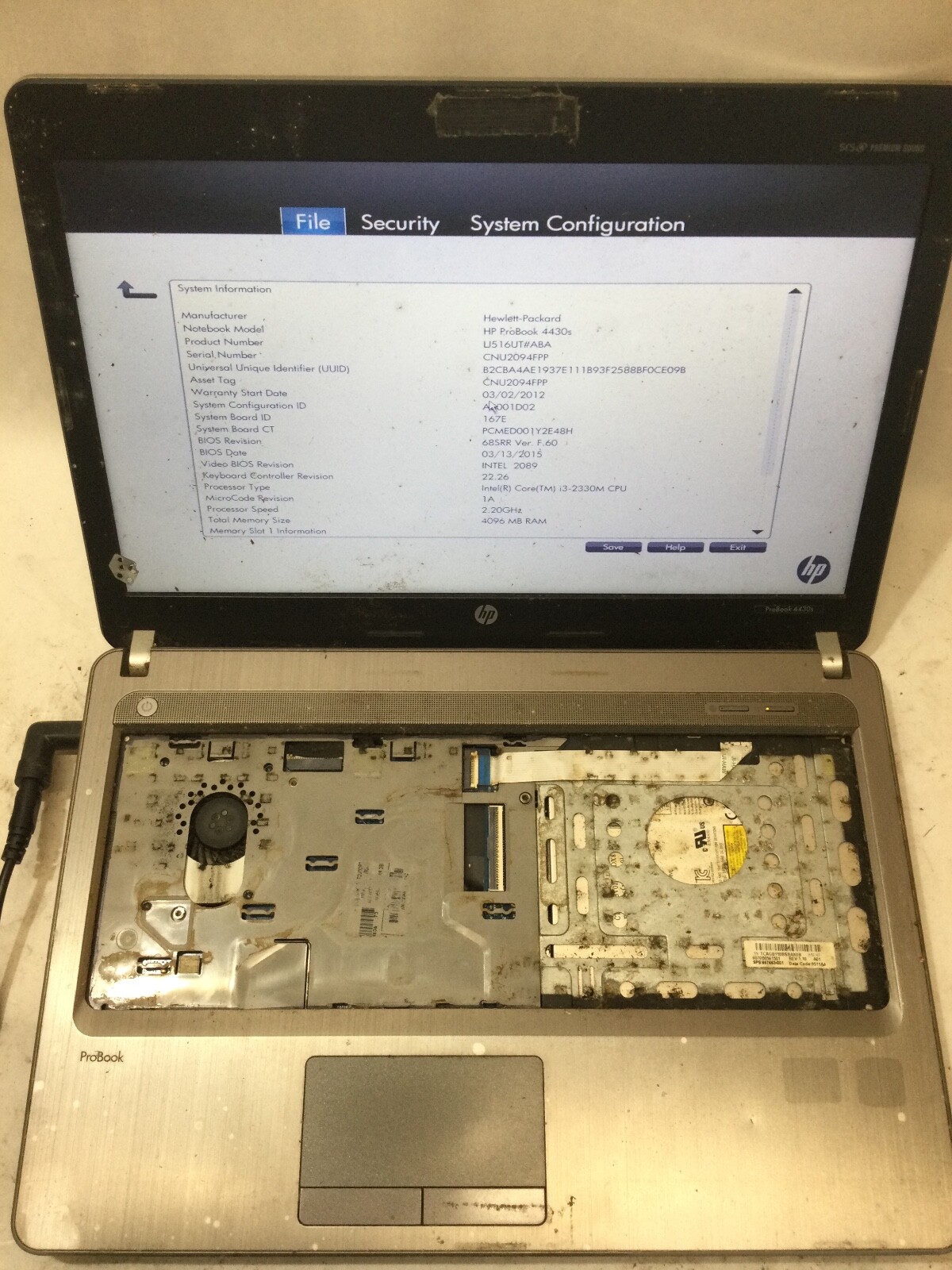 HP PROBOOK 4430s – INTEL I3 2330M – NO RAM – BOOTS TO BIOS – READ DESCRIPTION-BB