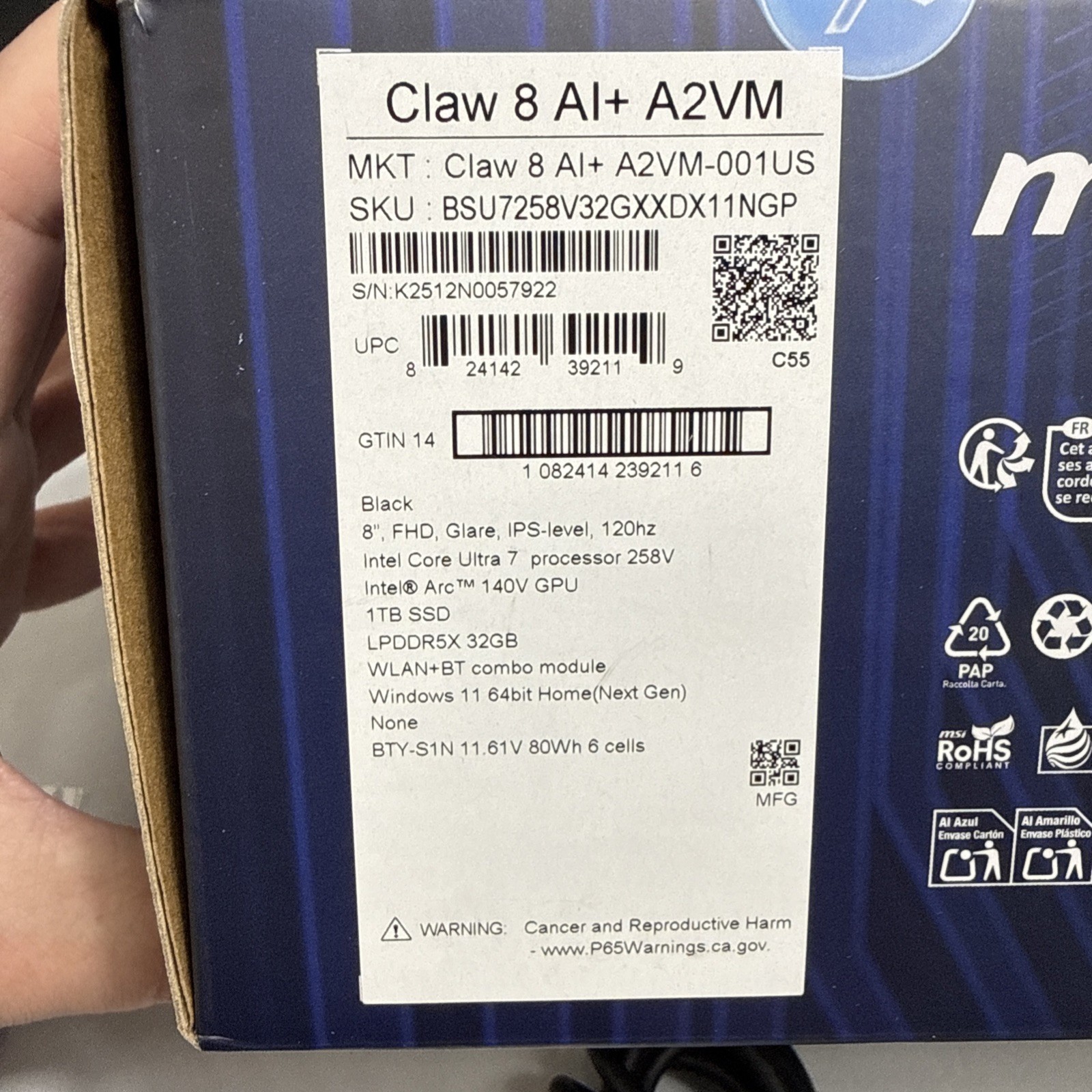MSI Claw 8 AI+ 1TB SSD. 32GB RAM. Intel Core Ultra 7. 8” FHD 120Hz Screen. Win11