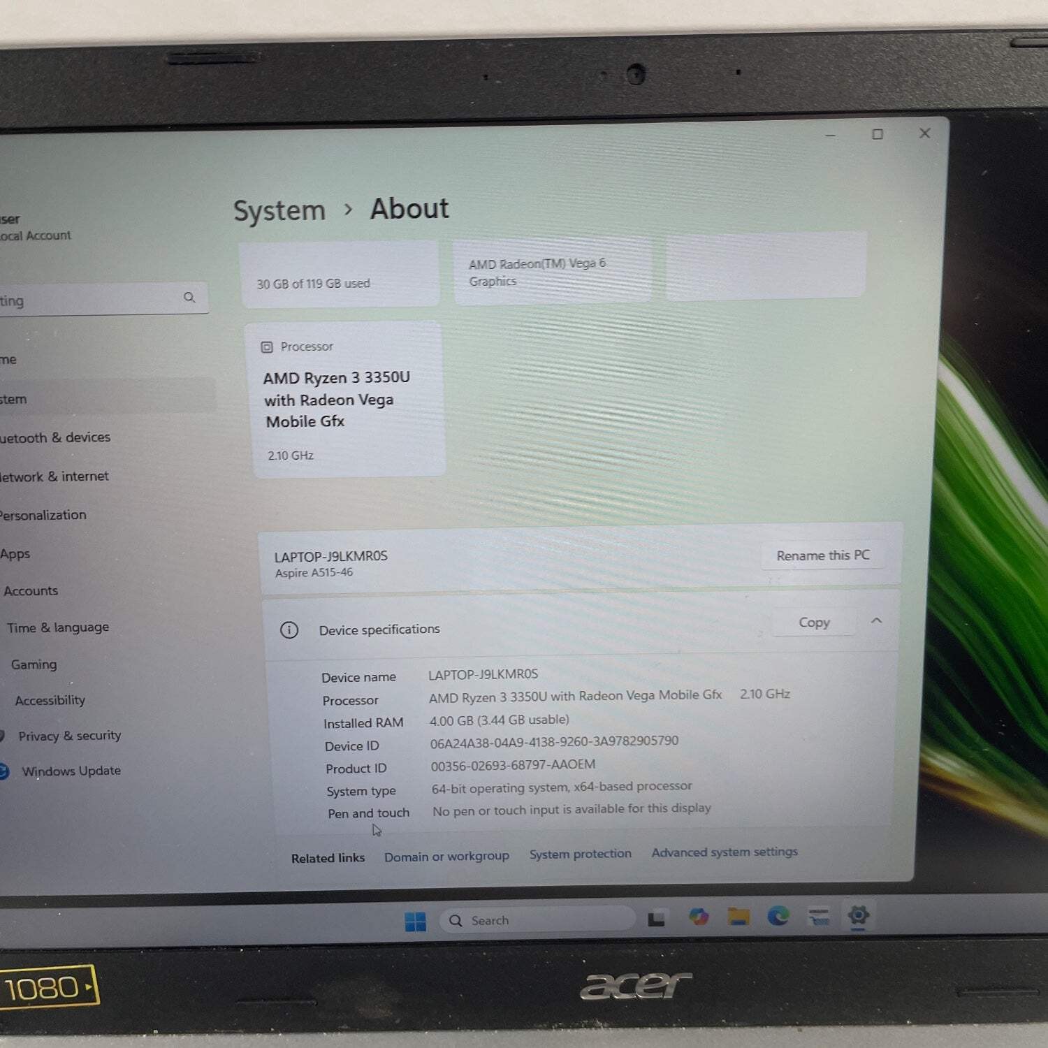 Broken Acer Aspire A515-46 15.6″ Ryzen 3 3350U 2.1GHz 4GB RAM 128GB SSD Bad Batt