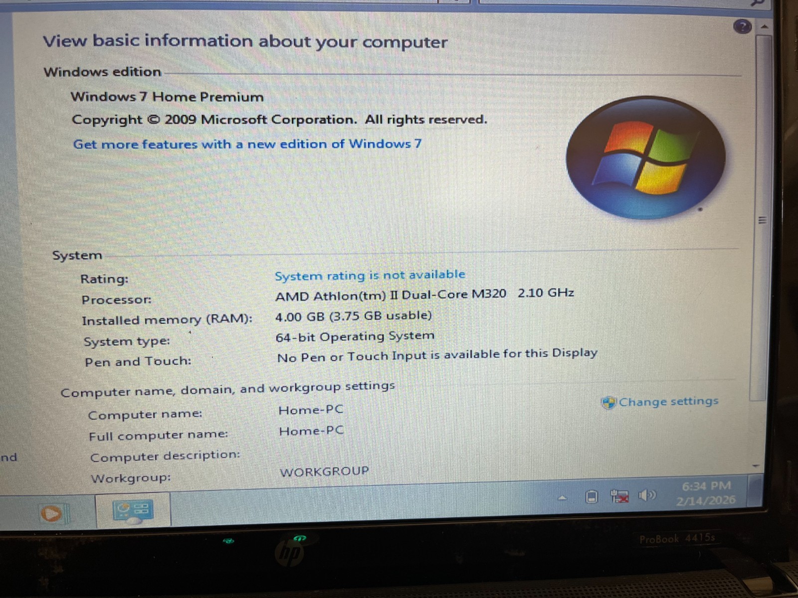 HP ProBook 4415S AMD Athlon II Dual-Core M320 2.10 GHz 4.0 GB 64-bit OS Unlocked