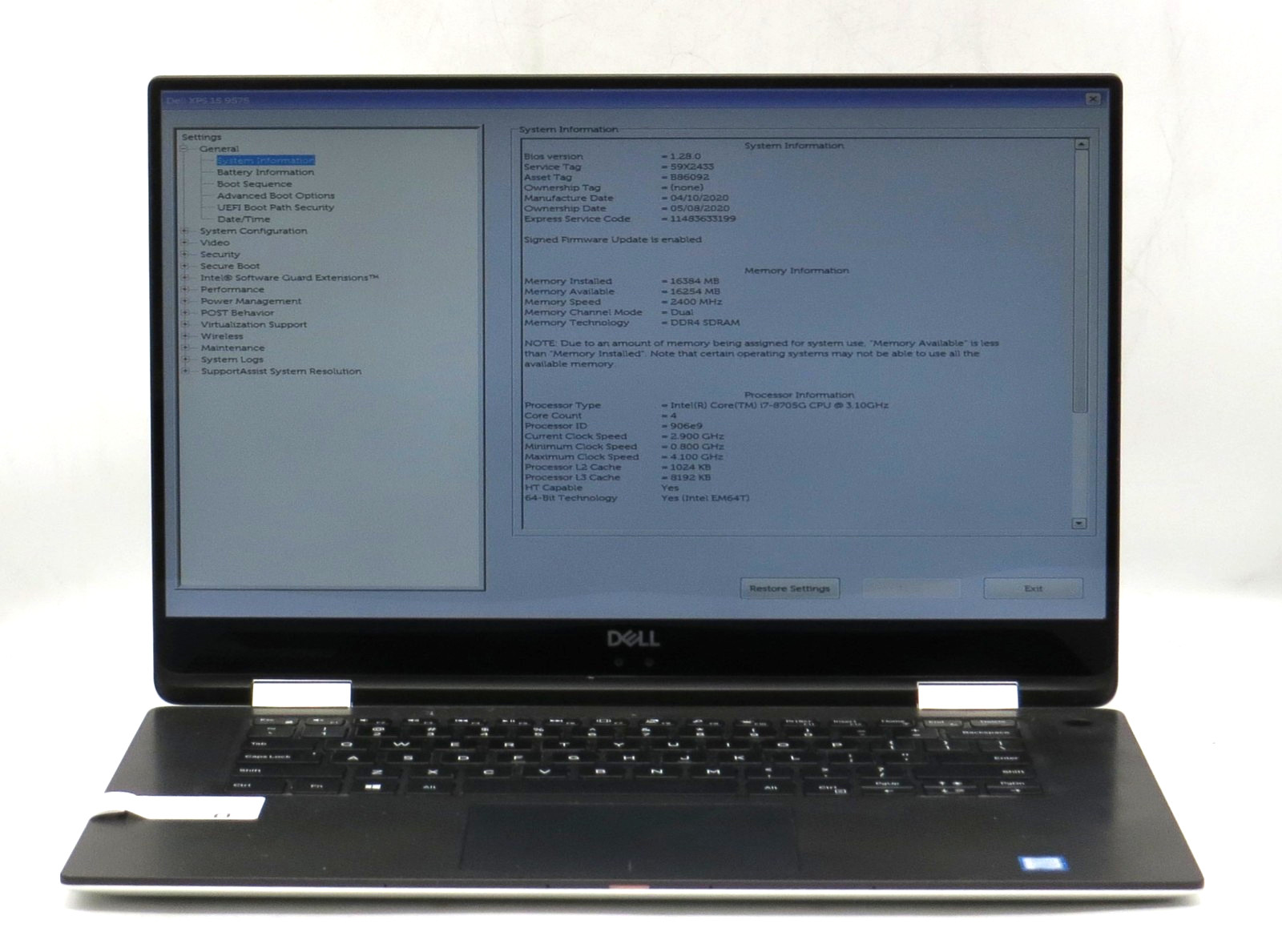 Dell XPS 15 9575 Touch 2in1 i7-8705G 16GB RAM 256GB SSD Radeon Vega No OS
