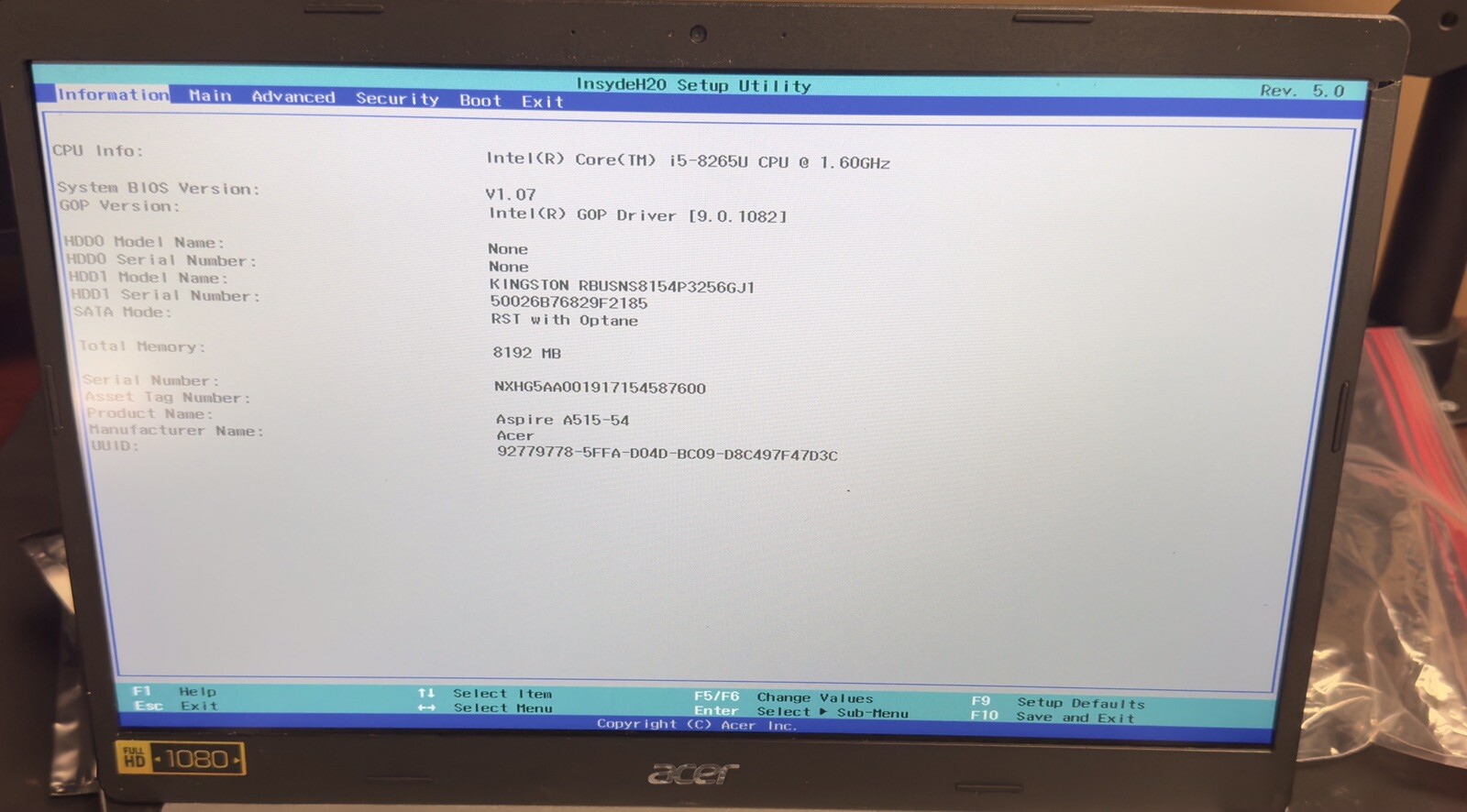 Acer Aspire A515-54 Laptop Intel Core i5-8265U 1.6GHz 8GB RAM 256GB SSD – NO OS