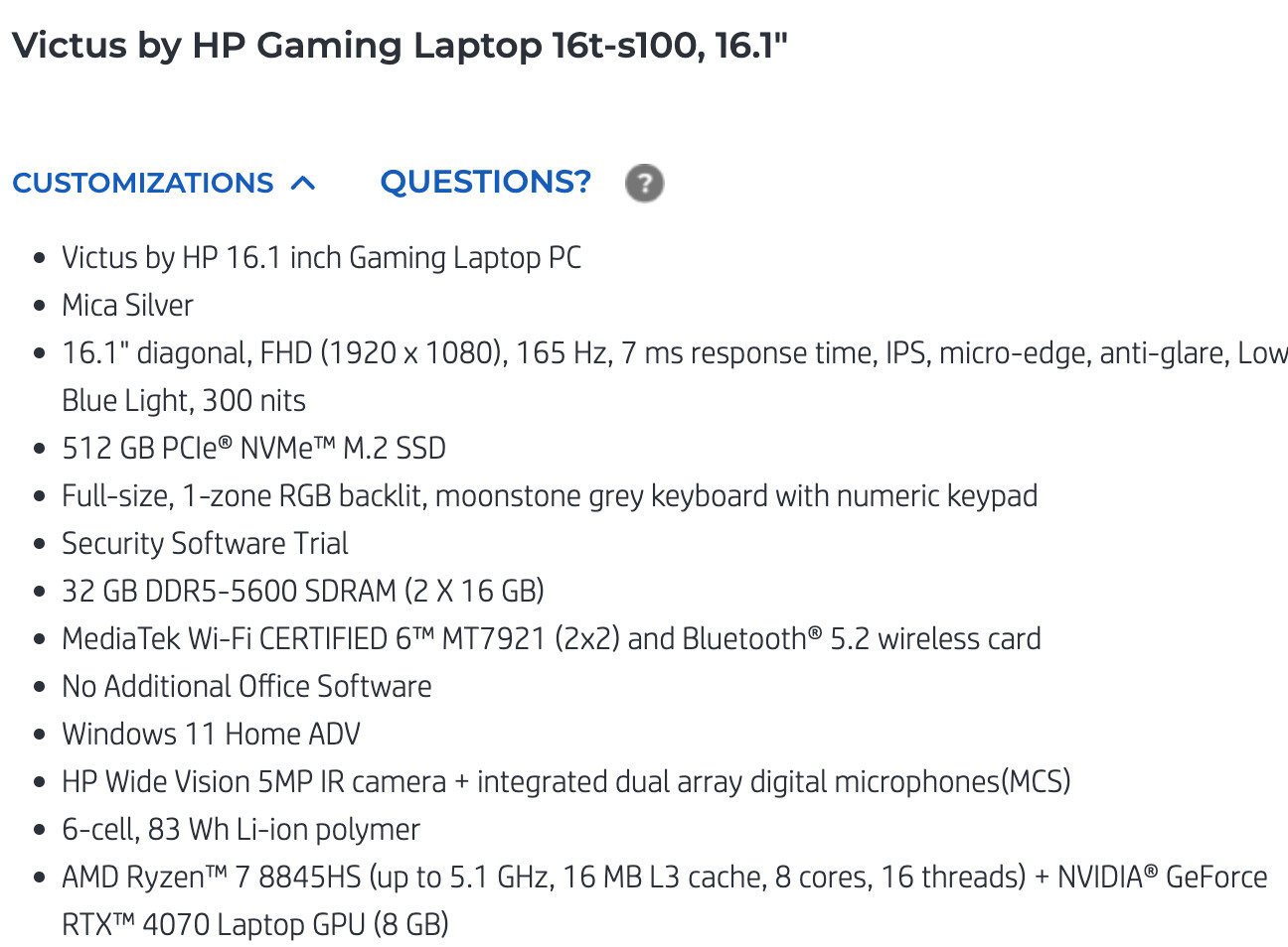 HP Victus gaming laptop rtx 4070 32gb with RGB Backlit monostone grey keyboard