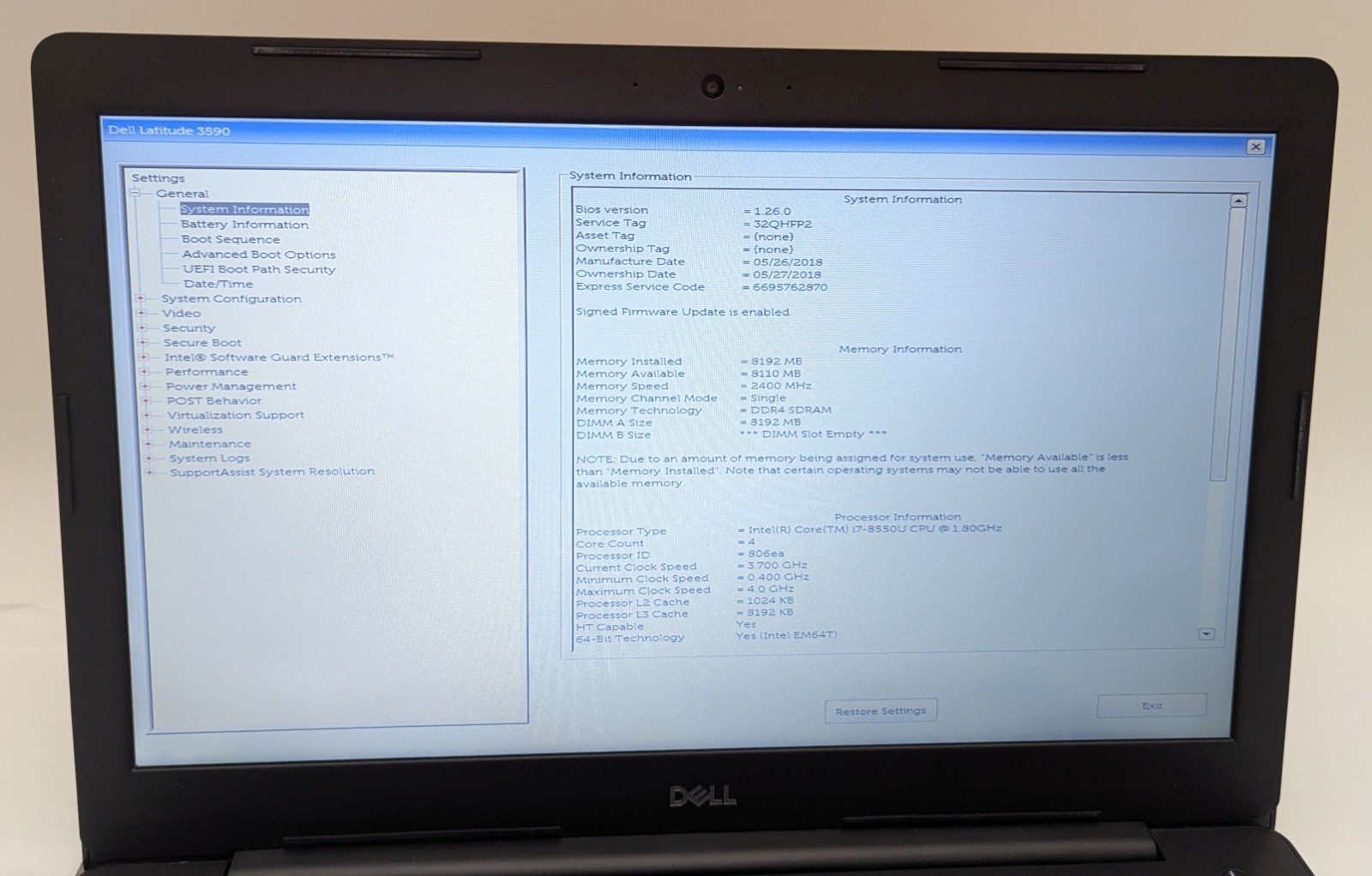 Incomplete Dell Latitude 3590 15.6″ Laptop i7-8550U 1.80GHz 8GB RAM Radeon R7