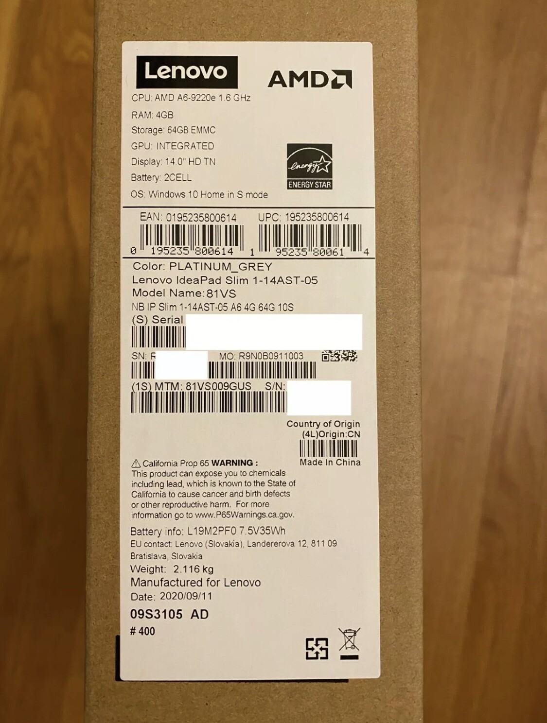 NEW Lenovo IdeaPad 1 14″ HD A6-9220e 4G 64G eMMC AMD Radeon R4 Win10 81VS009GUS