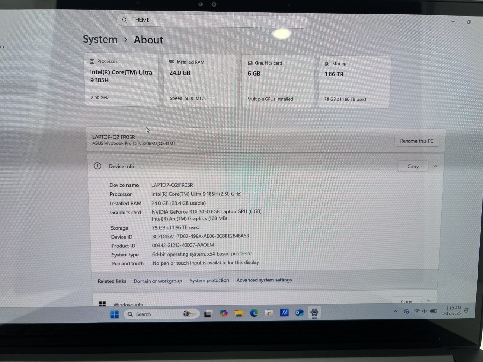 ASUS Vivobook Pro 15 Q543M Ultra 9 185H 24GB 2TB RTX 3050 OLED Dents