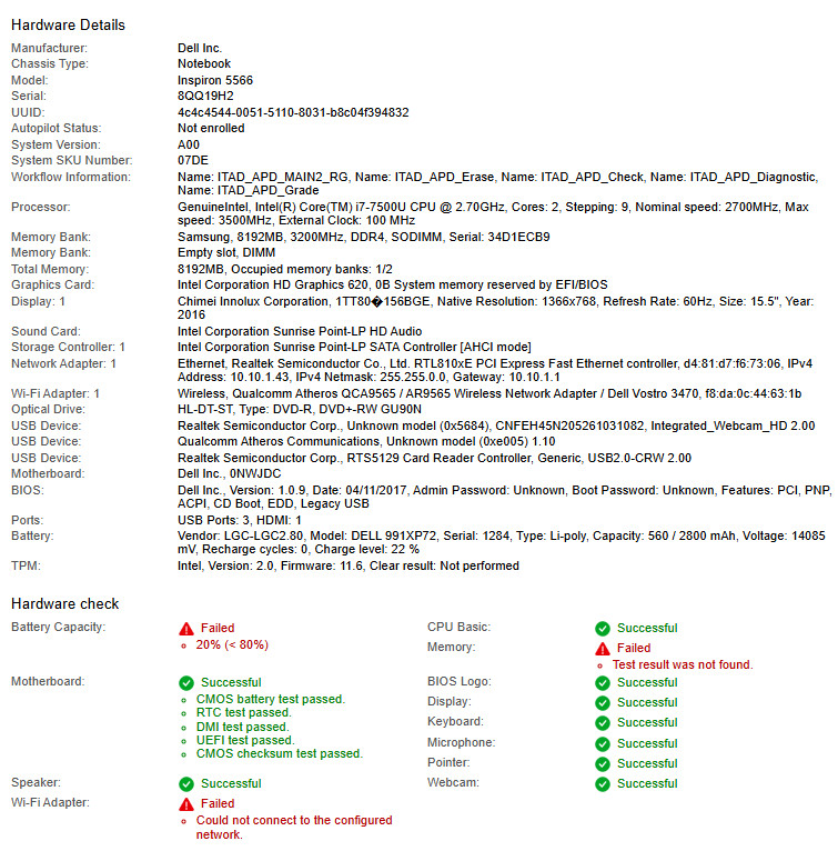 Dell Inspiron 5566, i7-7500U CPU, @ 2.70GHz, 8GB RAM-No HDD/OS/Adapter