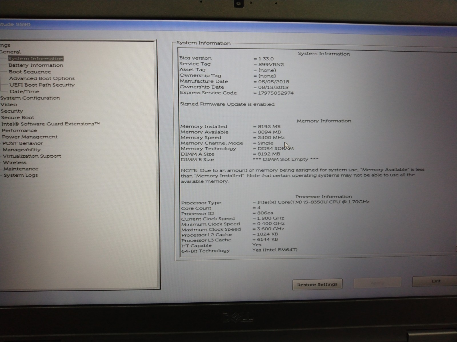 Dell Latitude 5590 15.6″ FHD i5-8350U 8GB RAM No OS/SSD