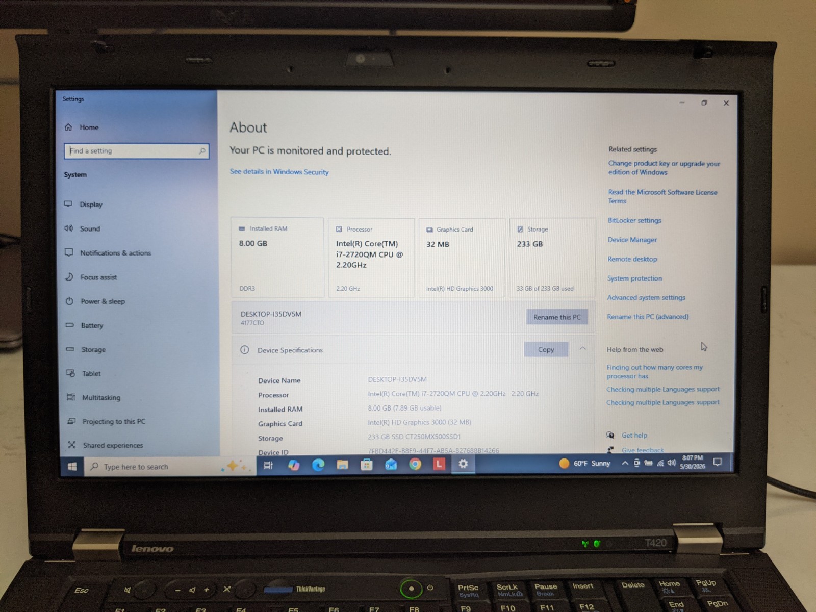 Lenovo ThinkPad T420 Quad Core i7 2720QM 8GB 250GB SSD Win 10 Pro – Grade A
