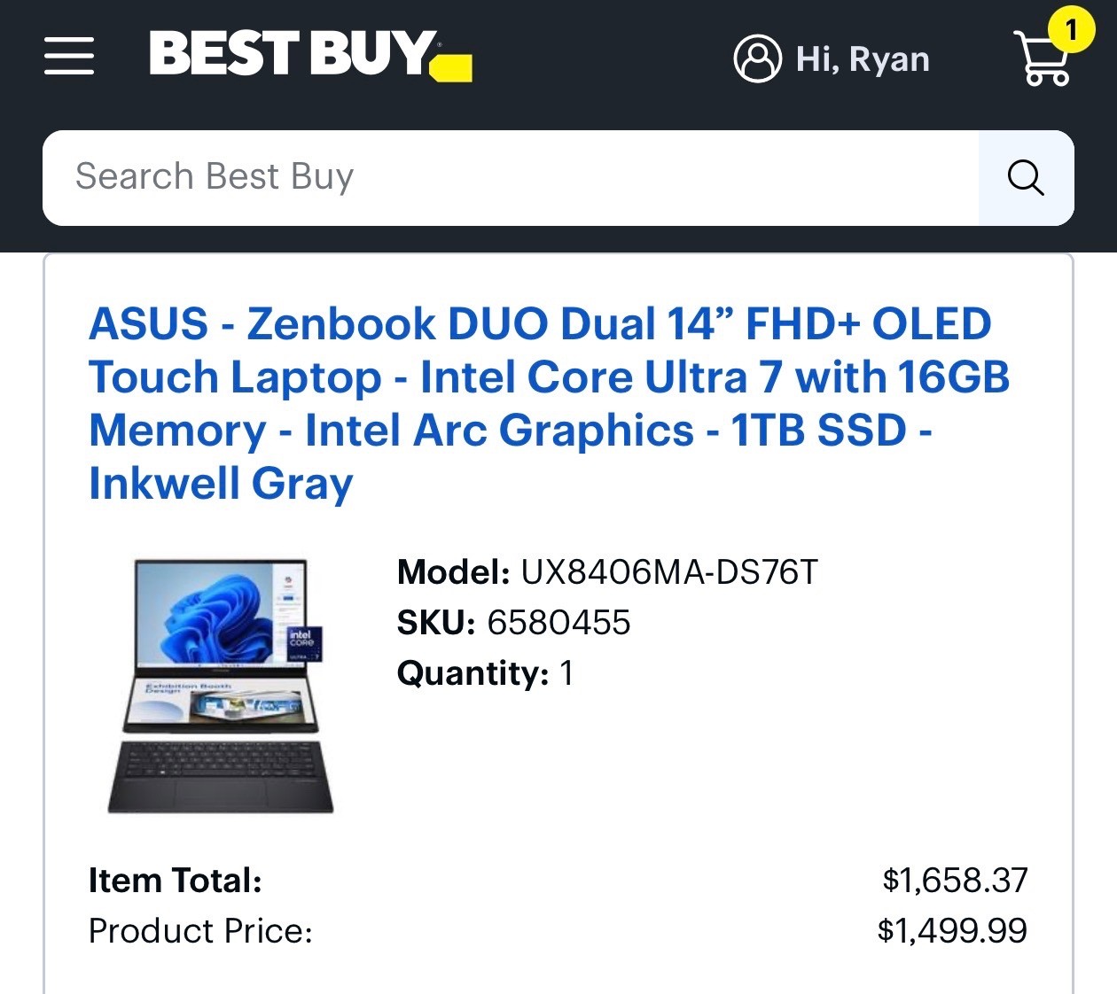 14″ Asus ZenBook Duo Ux8406ma, Ultra 7 155H, 16GB, 1TB SSD, Touch, Dual Screens!