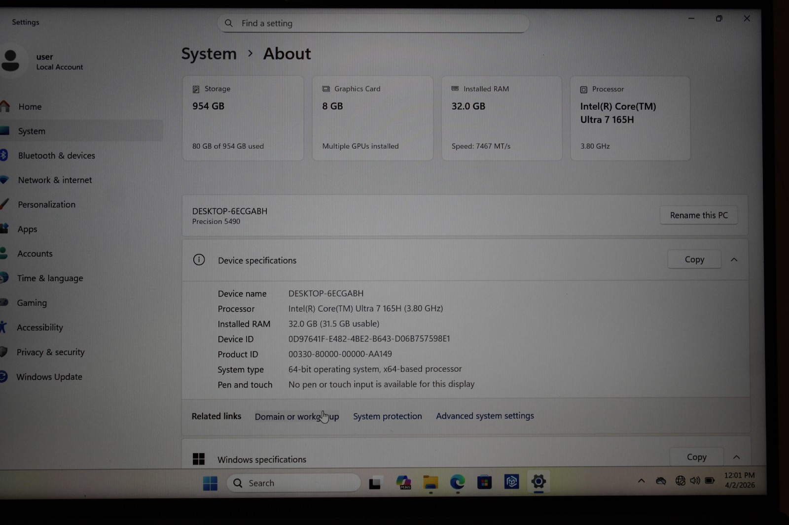 Dell Precision 5490 14″ Core Ultra 7 165H 3.8GHz 32GB RAM 1TB SSD RTX 2000 D2