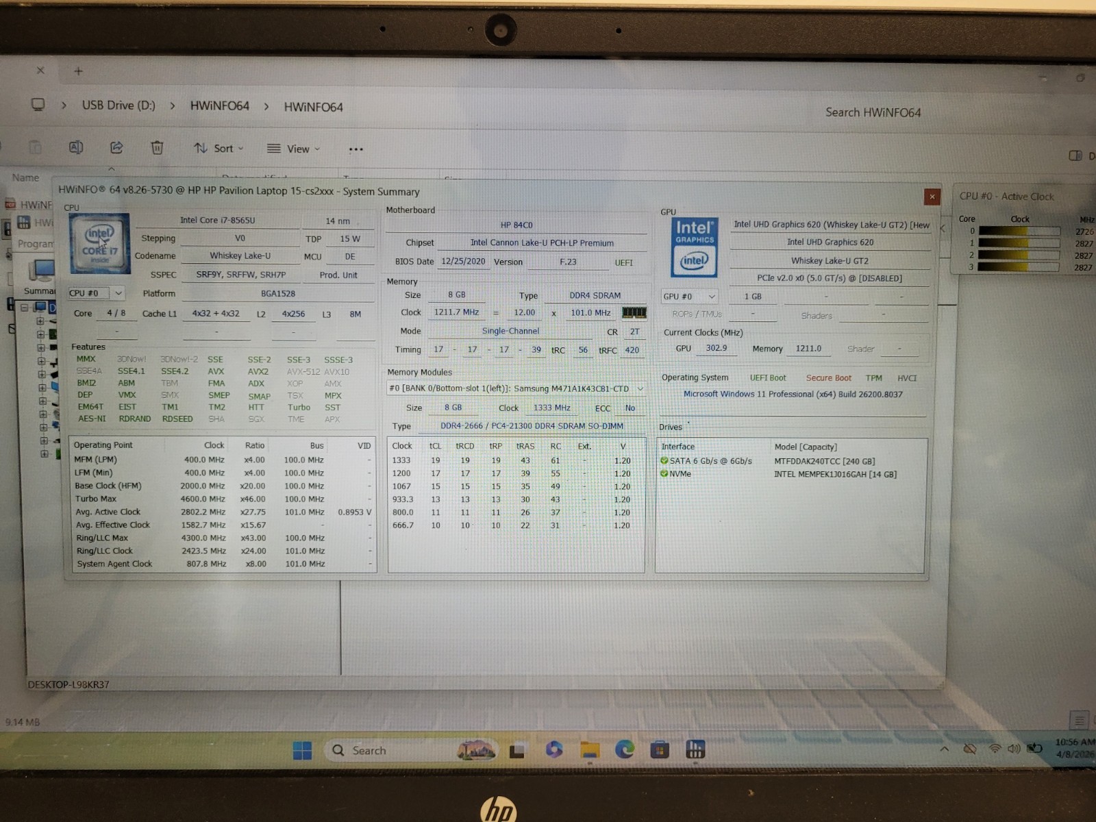 Hp pavilion 15-cs2064st i7-8565u 1.8ghz 8gb ram 240gb ssd charger 5CD9415DNQ