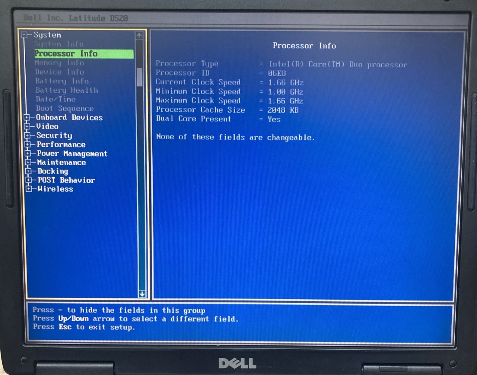 Dell Latitue D520 Intel Core Duo 1.66 GHz 1GB RAM NO HDD/OS Boot to BIOS
