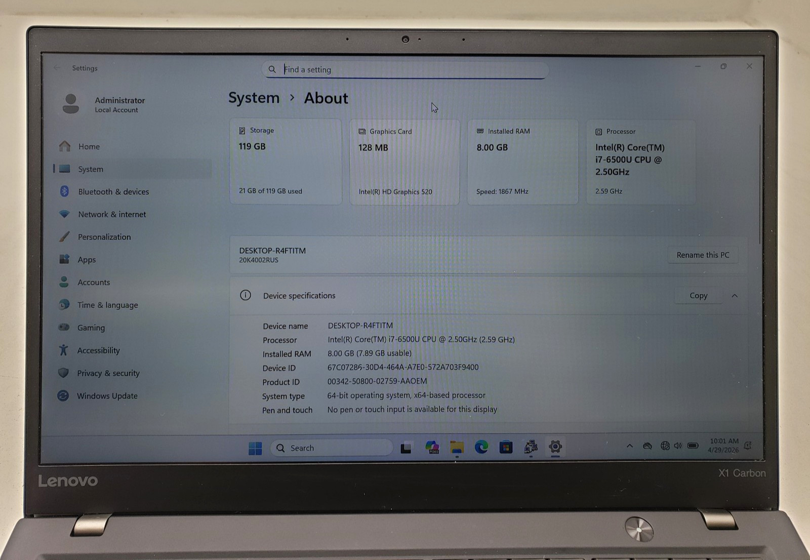 Lenovo ThinkPad X1 Carbon Gen 5 i7-6500U 8GB RAM 128GB SSD 14″ Win 11 Pro Laptop