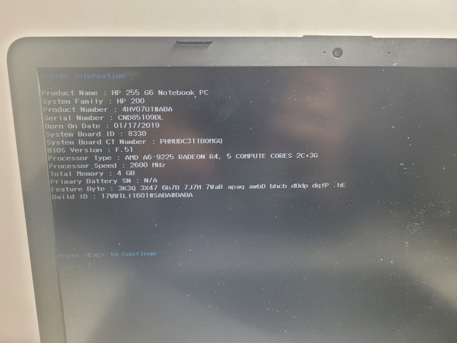HP 255 G6 w/AMD A6-9225, 4GB RAM, 15.6″ Laptop for Repair #0451