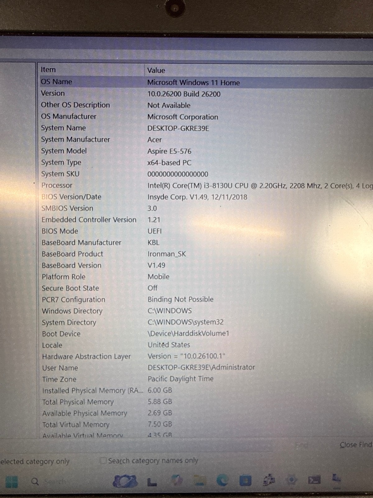 Acer Aspire E5-576 15.6″ i3-8130U 6GB 128GB SSD Win11