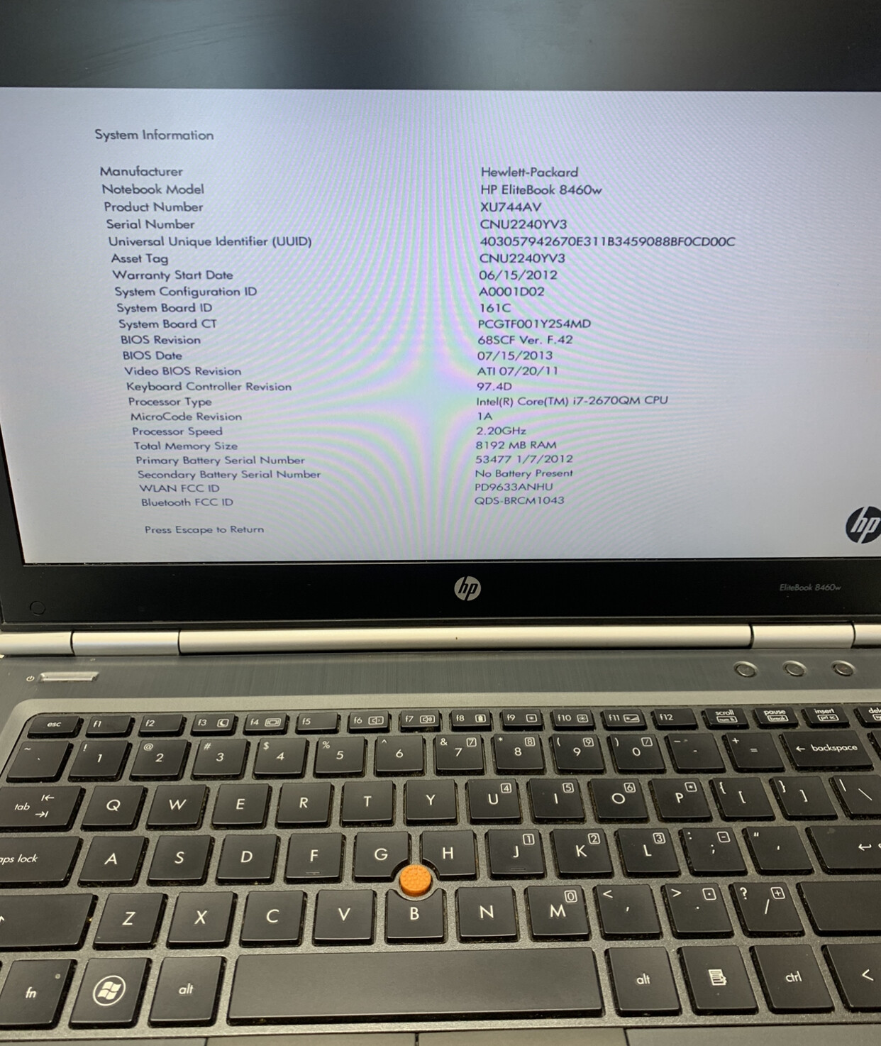 HP EliteBook 8460W i7-2670QM 2.20GHz 8GB not hard drive