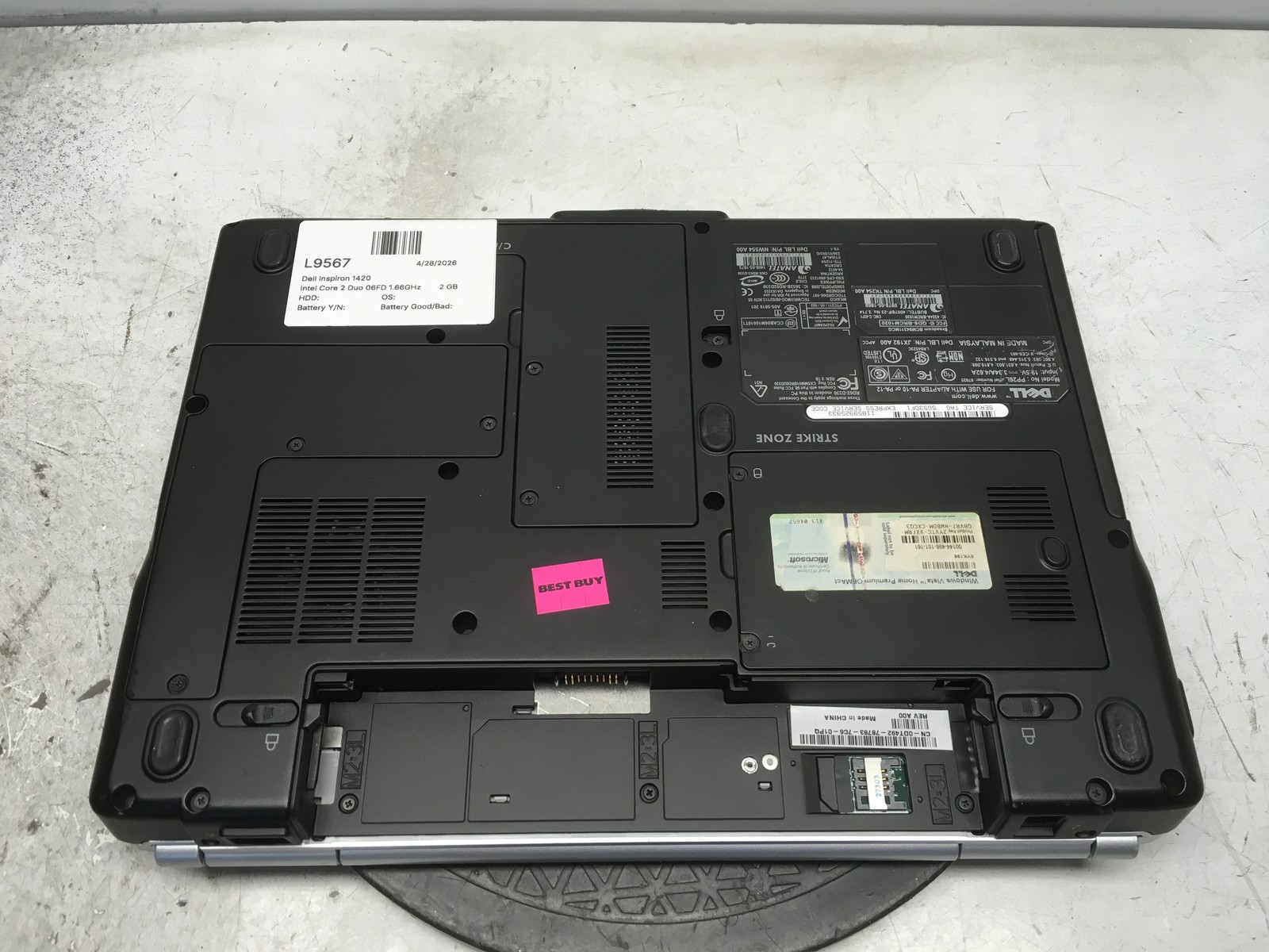 Dell Inspiron 1420 Intel Core 2 Duo 06FD 1.66GHz 2 GB NO HDD No Batt