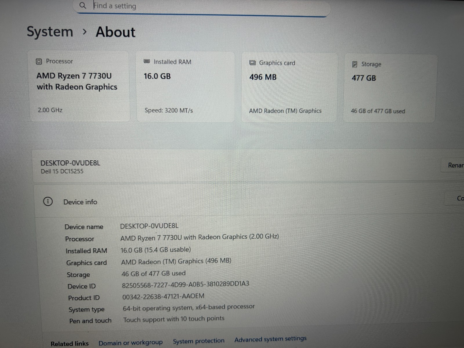 DELL 15 DC15255 G8MK9, AMD Ryzen 7 7730U, 2.00 GHz, 16 GB RAM, 512 GB NVMe SSD