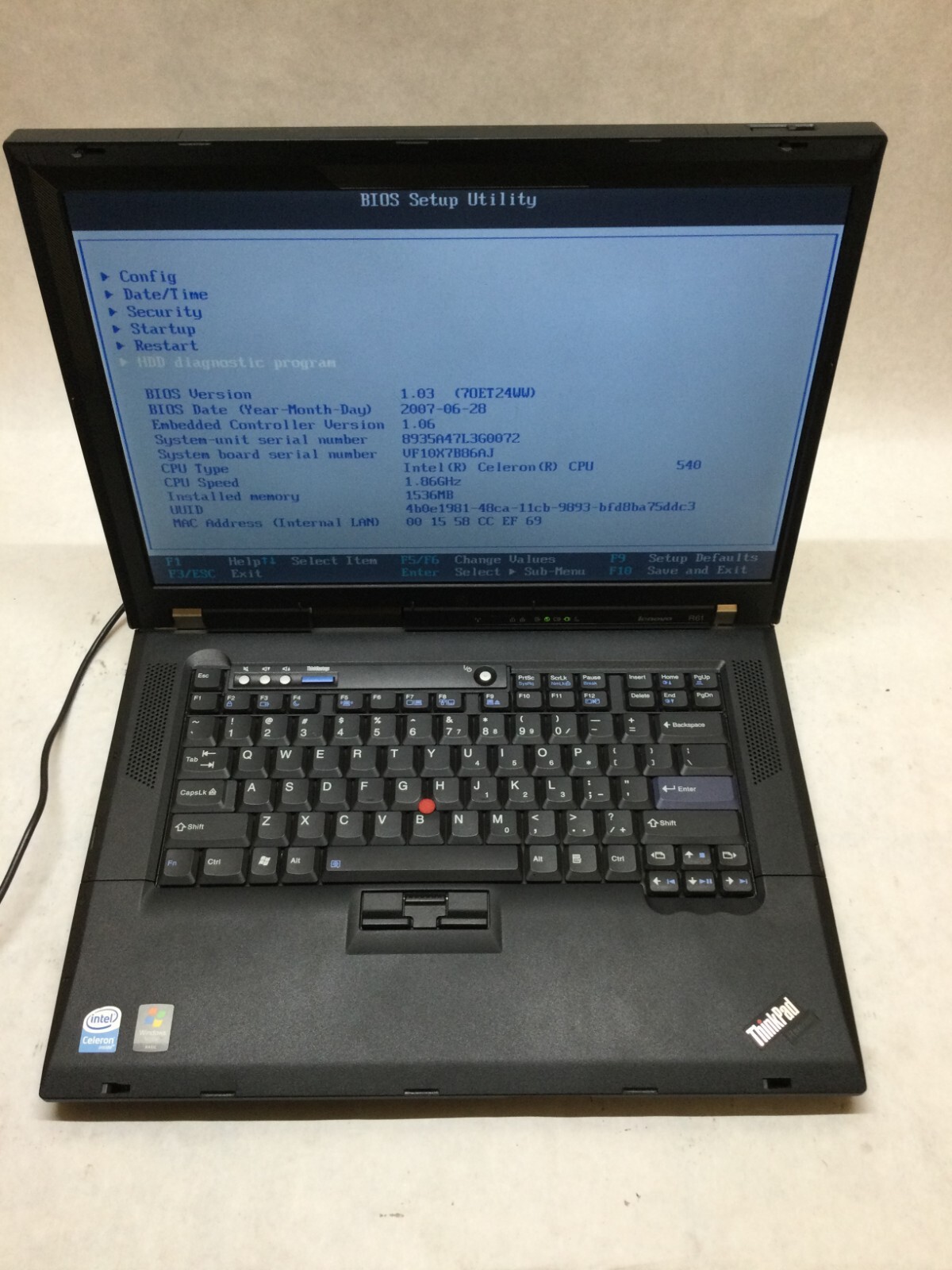Lenovo R61 15.4″ Laptop Celeron 540 1.86 GHz 1.5GB RAM BIOS LOCKED AS IS READ DW