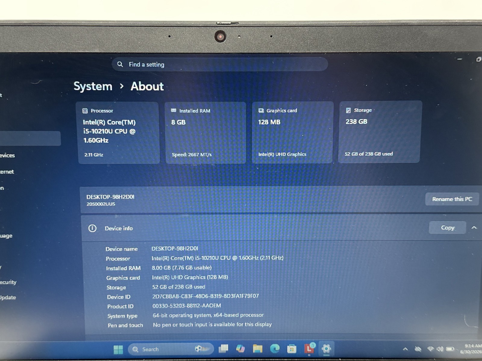Lenovo ThinkPad T14 Intel I5-10210U @ 1.7GHz 256GB SSD 8GB RAM WIN 11 PRO