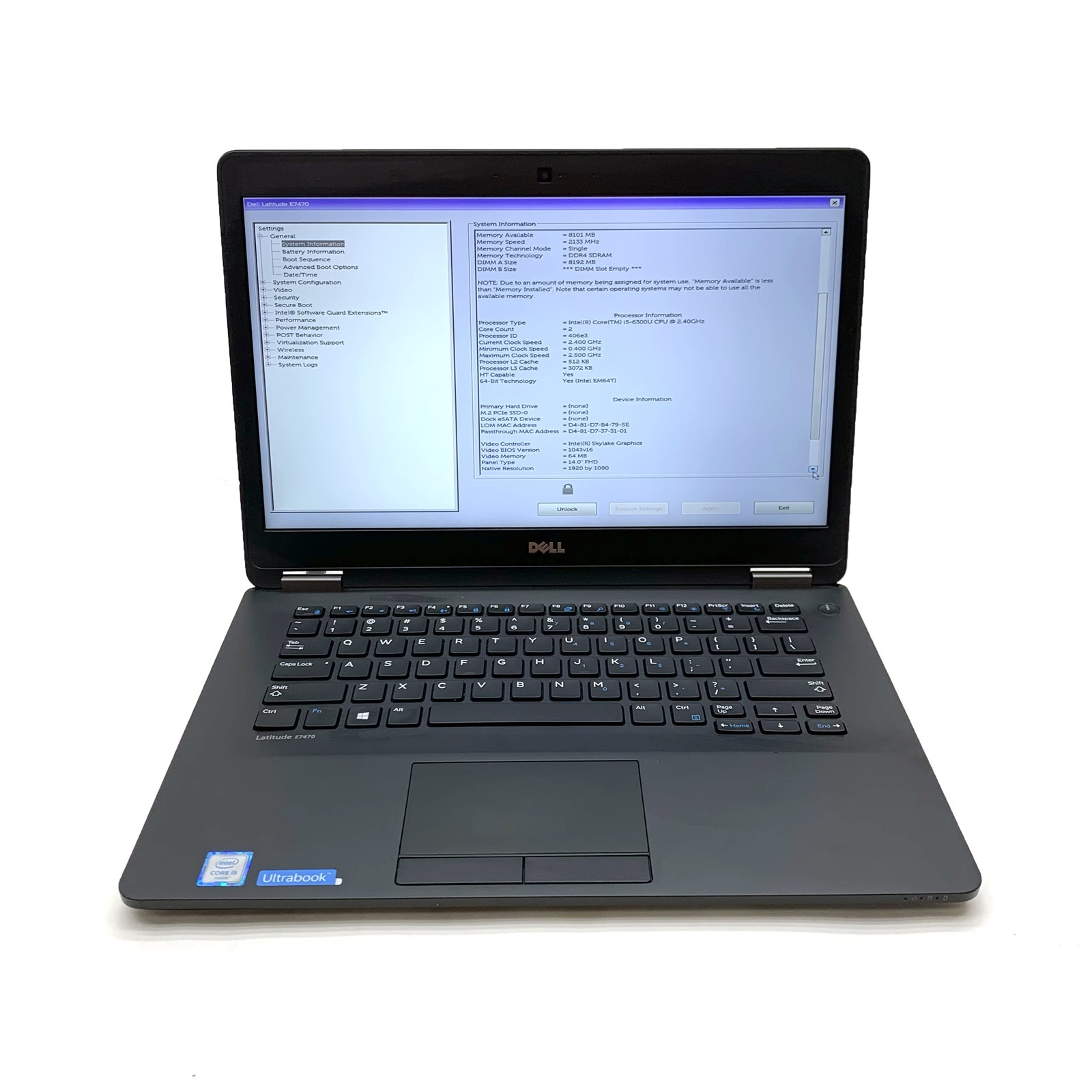 Dell Latitude E7470 14″ FHD Intel i5-6300U 2.40 GHz 8GB No SSD/Batt BIOs Locked