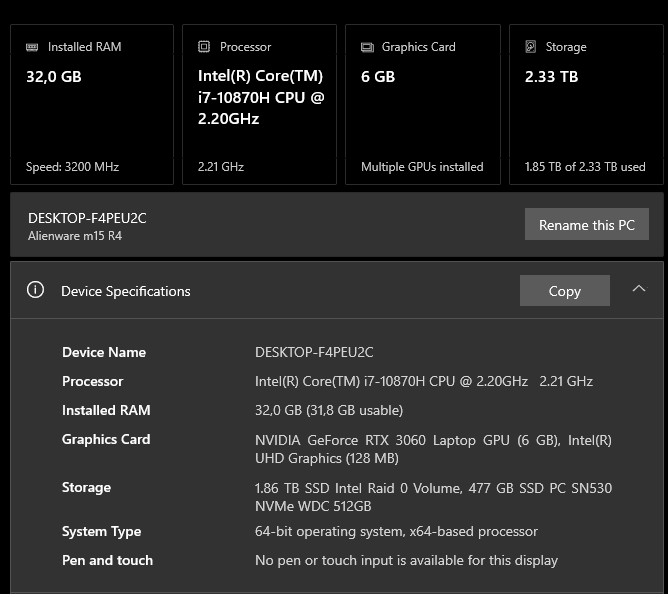 Dell Alienware m15 r4 (2TB SSD, Intel Core i7-10870H, 32GB RAM) Gaming…