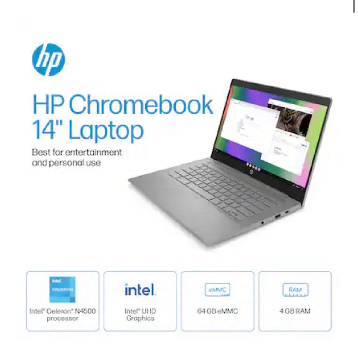 HP-14”Chromebook- Intel Celeron- 4GB-64GB eMMC -Modern Gray-WITH CHARGER NO BOX