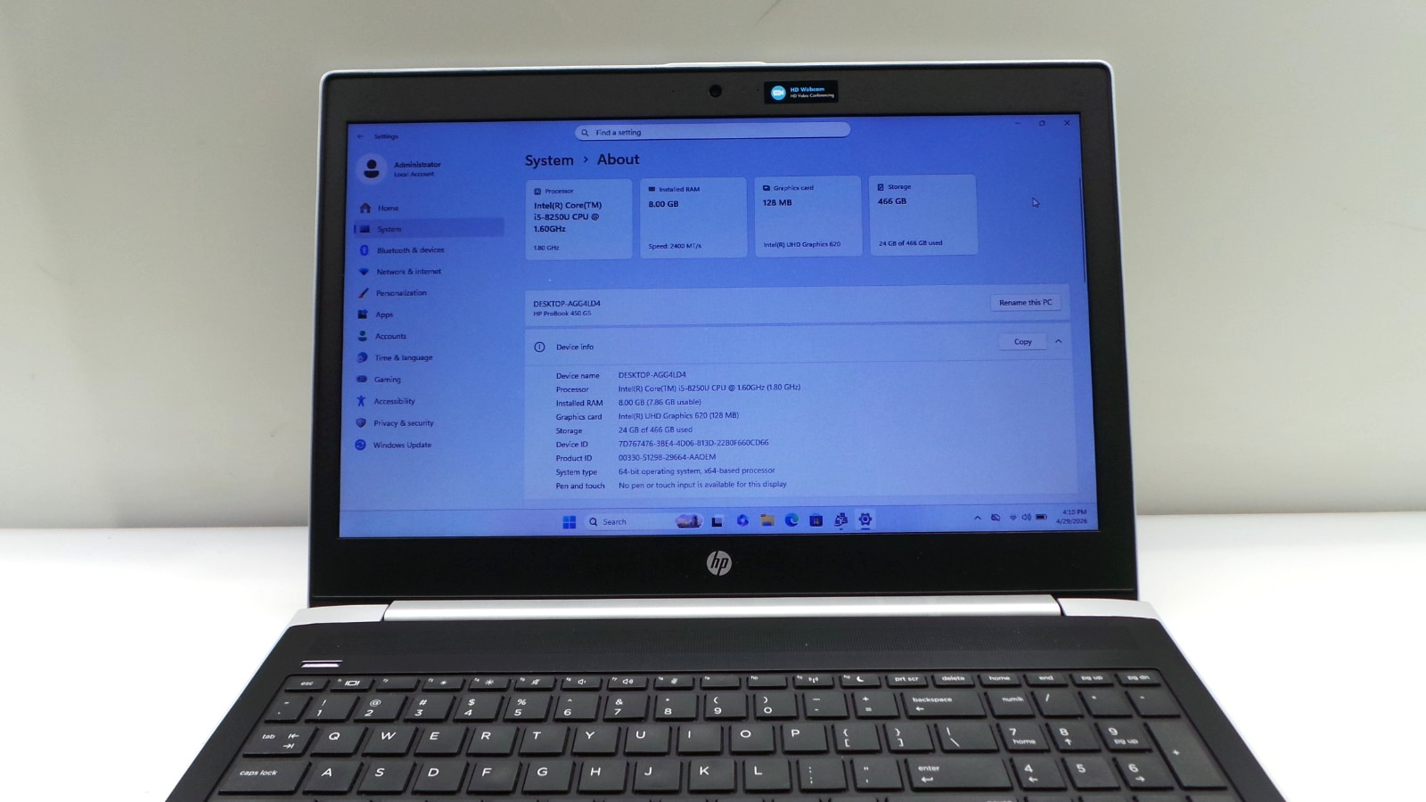 HP ProBook 450 G5 | 15.6″ | i5-8250U | 8GB 500GB HDD | Win 11 Pro