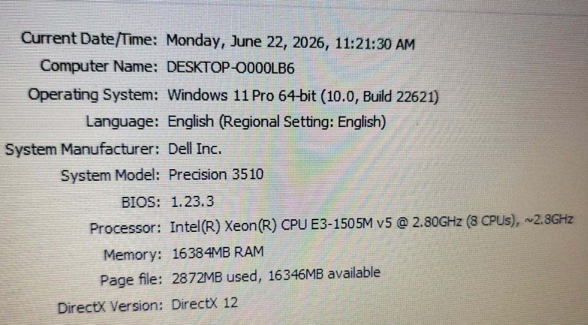 Dell Precision 3510 Xeon E3-1505M v5 16GB RAM 256GB SSD O62201