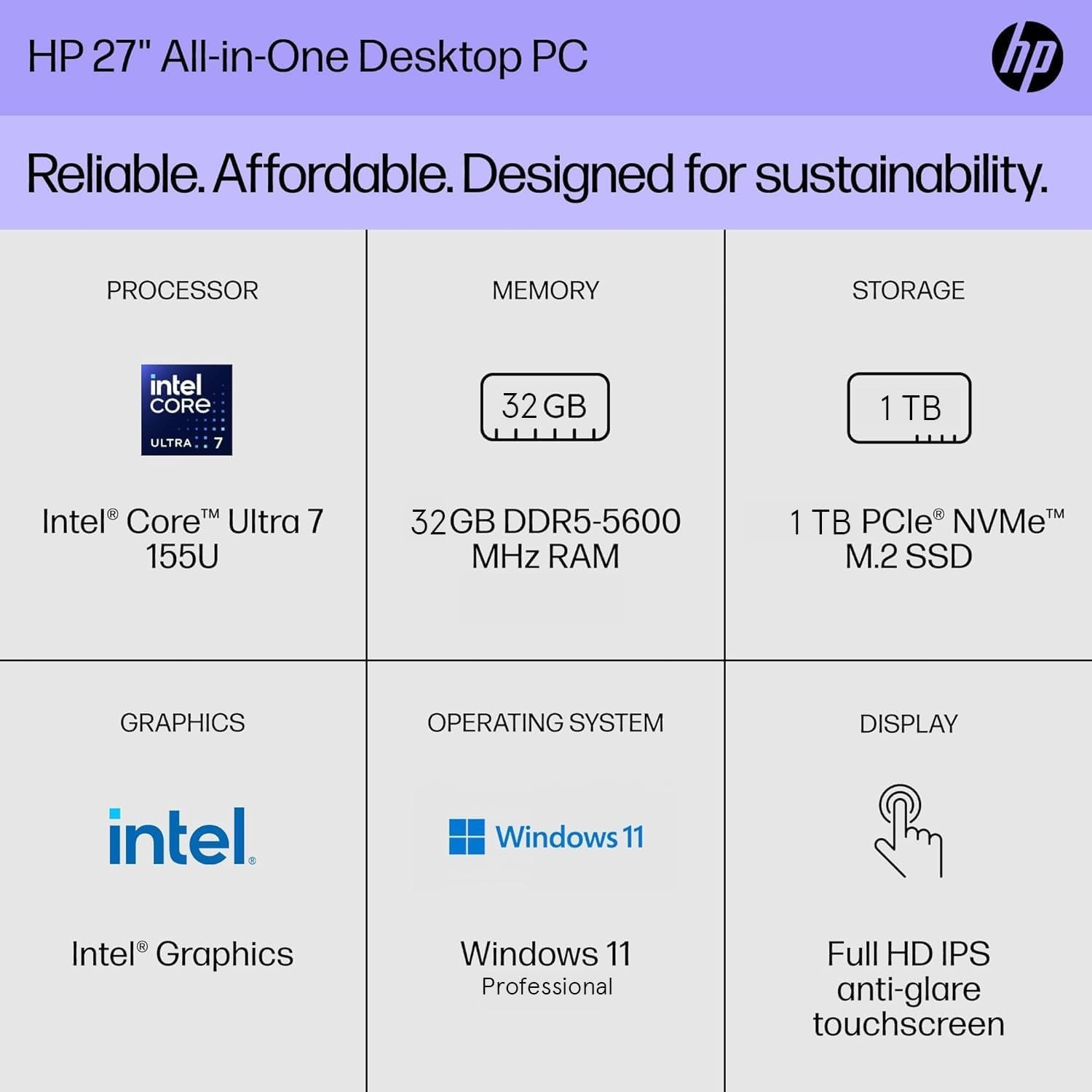 HP All-in-One 27″ Desktop Touchscreen Computer, Ultra 7-155U, 32GB RAM 1TB SSD