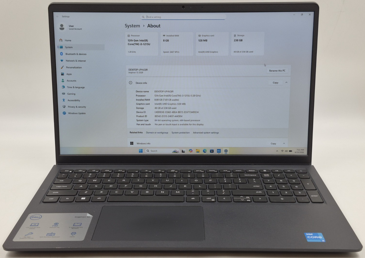 Dell Inspiron 15 3520 Laptop i3-1215U 1.20GHz 8GB RAM 256GB NVMe W11P