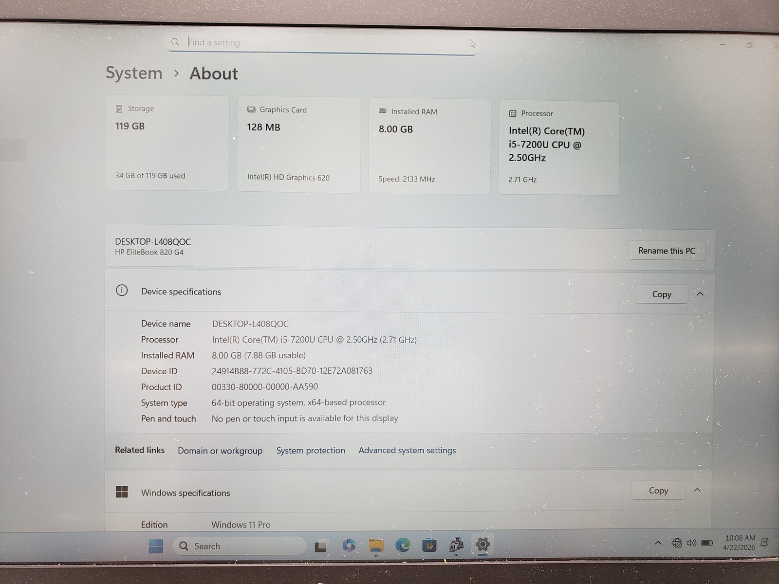 HP EliteBook 820 G4 Laptop i5-7th 8GB 128GB, Fingerprint, Backlit KB, Win 11 Pro