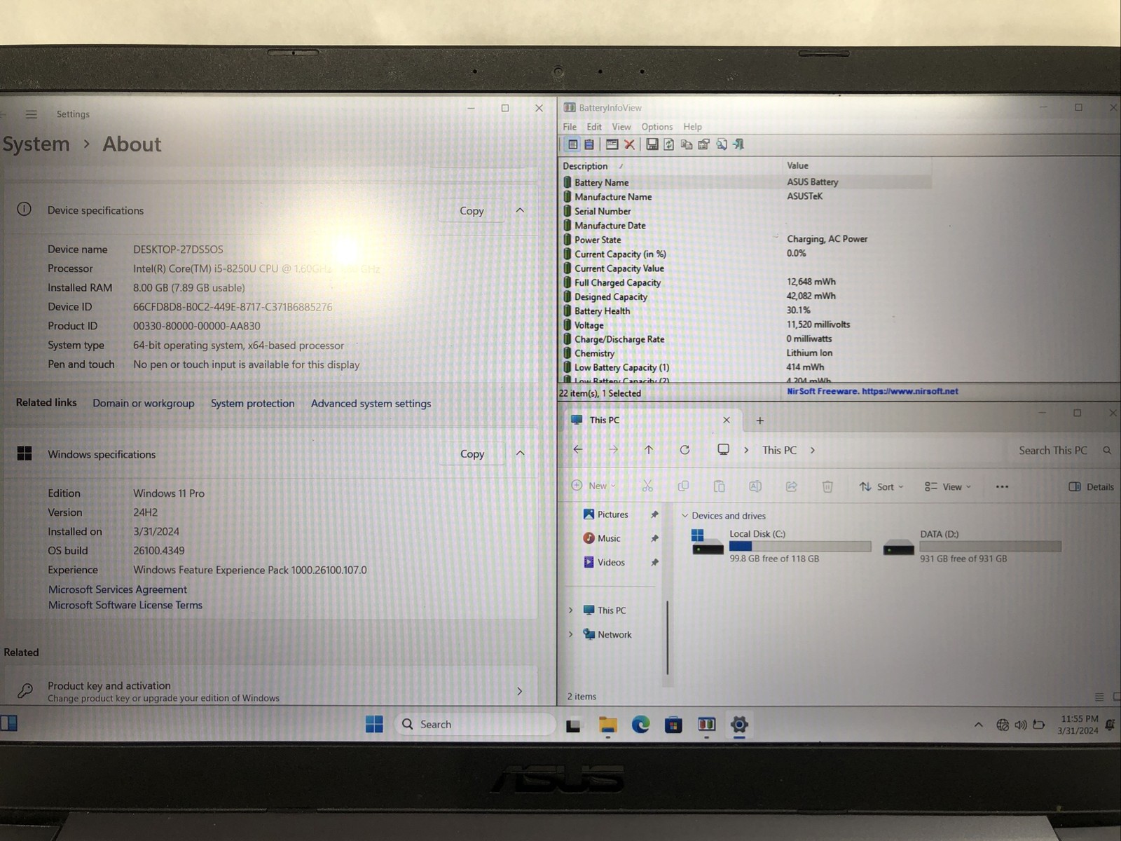 Asus Vivobook F510, Intel Core i5-8250U @1.60 GHz, 8GB RAM 1TB HDD 125GB SSD W11