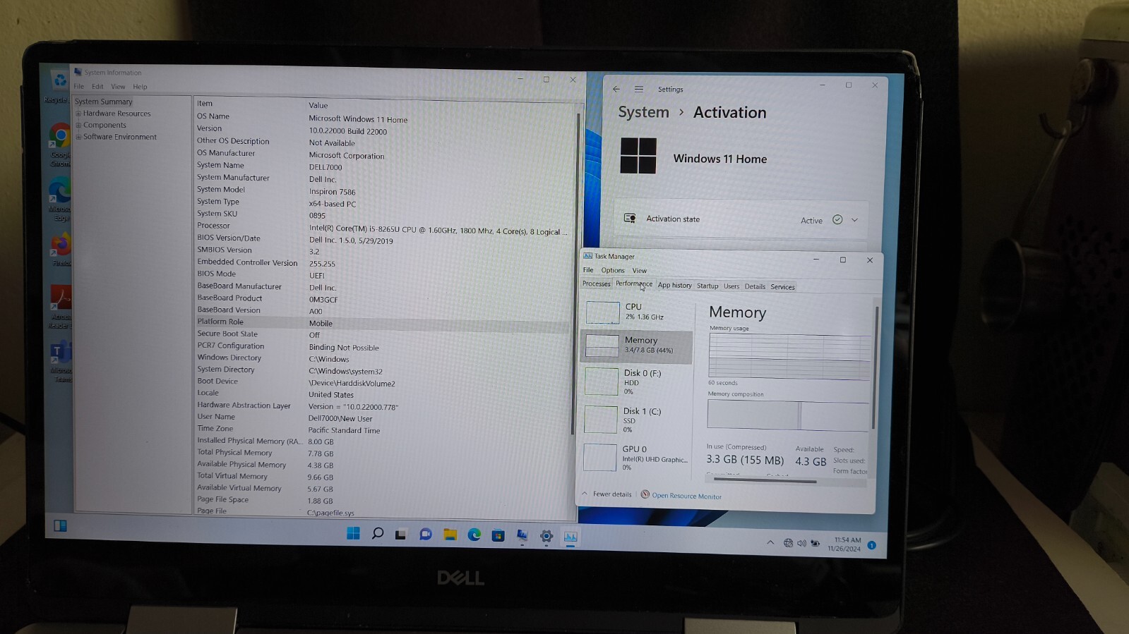 Dell Inspiron 15 7000 Intel Core i5-8265U 8GB 1TB HD/SSD W11 Touchscreen