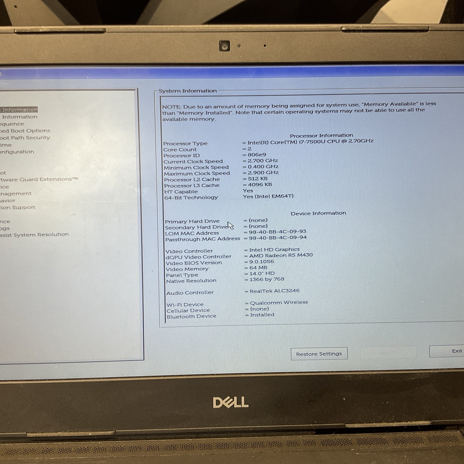 Dell Latitude 3480 / i7 7th Gen / BIOS Unlocked / No RAM / No SSD / P20
