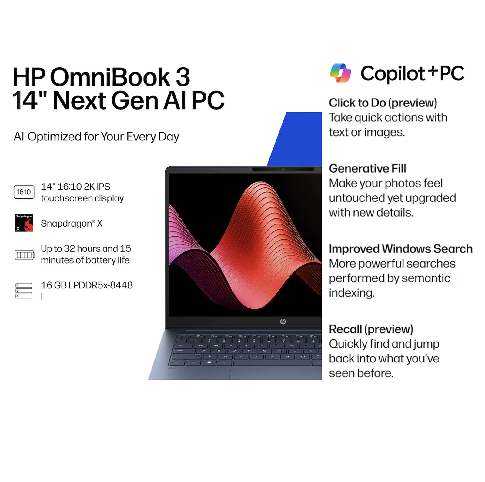 HP OmniBook 14″ 1920×1200 Snapdragon X X1-26-100 16GB RAM 1TB SSD Windows 11 Pro