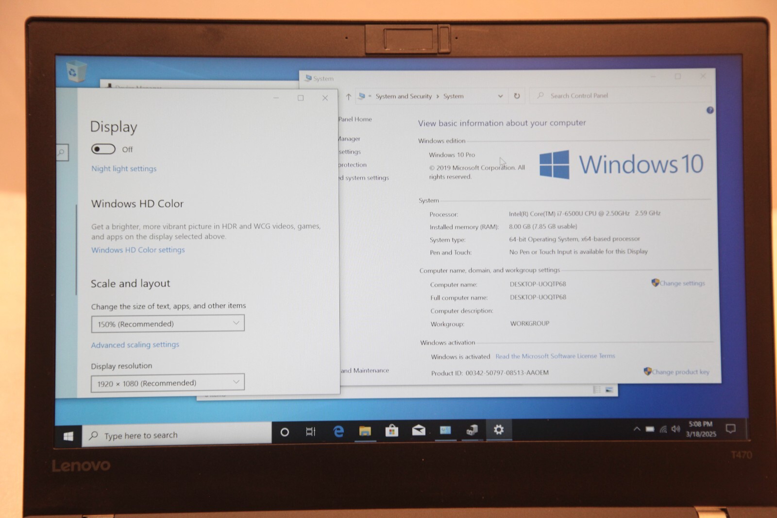 Lenovo ThinkPad T470 14″ Intel Core i7-6500U 8GB RAM 180GB SSD 1080P Win10Pro