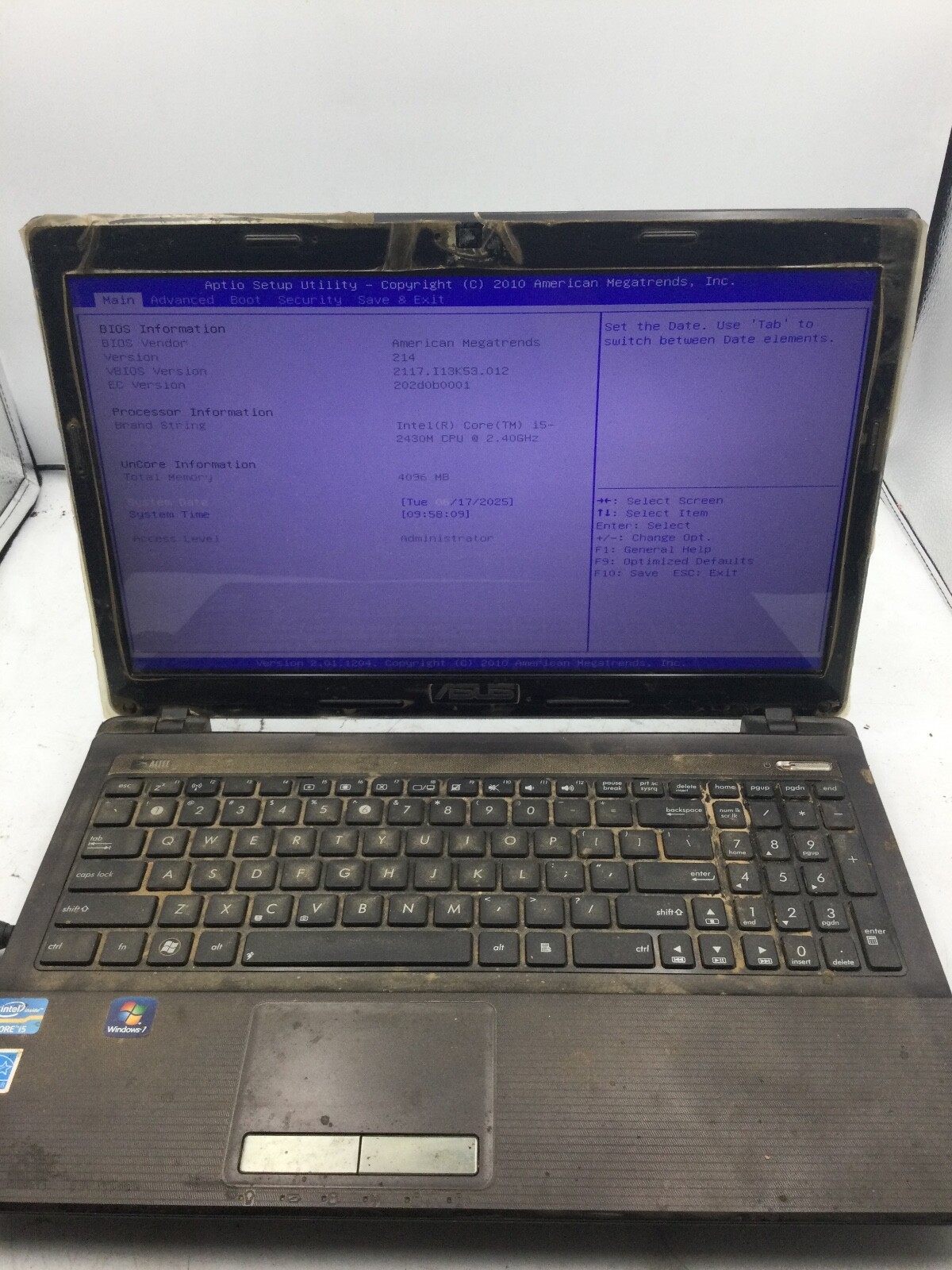 ASUS K538 – BOOTS TO BIOS – INTEL CORE I5 2430 – 4GB RAM – 15″ – READ DESCRIP-BB